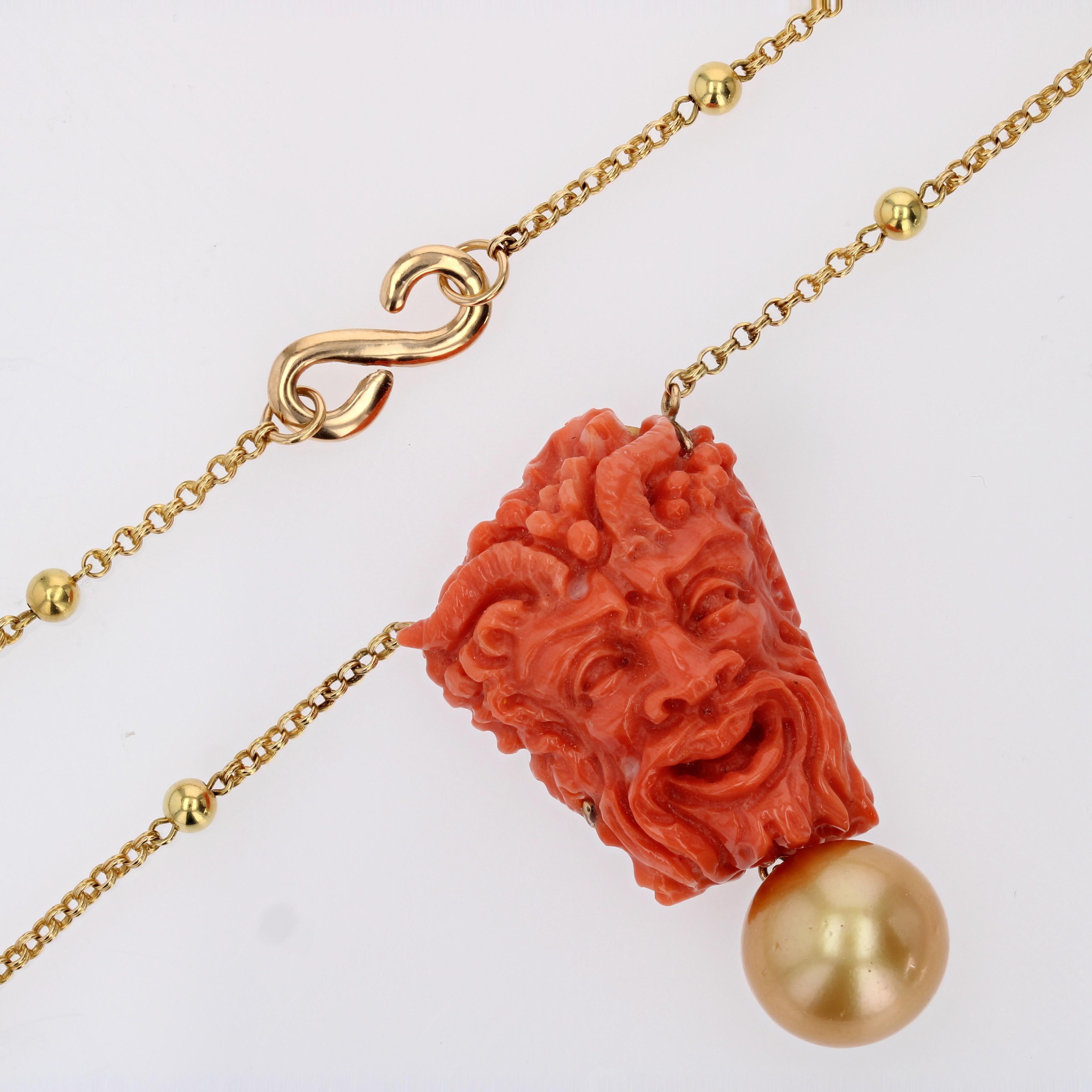 Coral Cameo South Sea Pearl Yellow Gold Necklace For Sale 4
