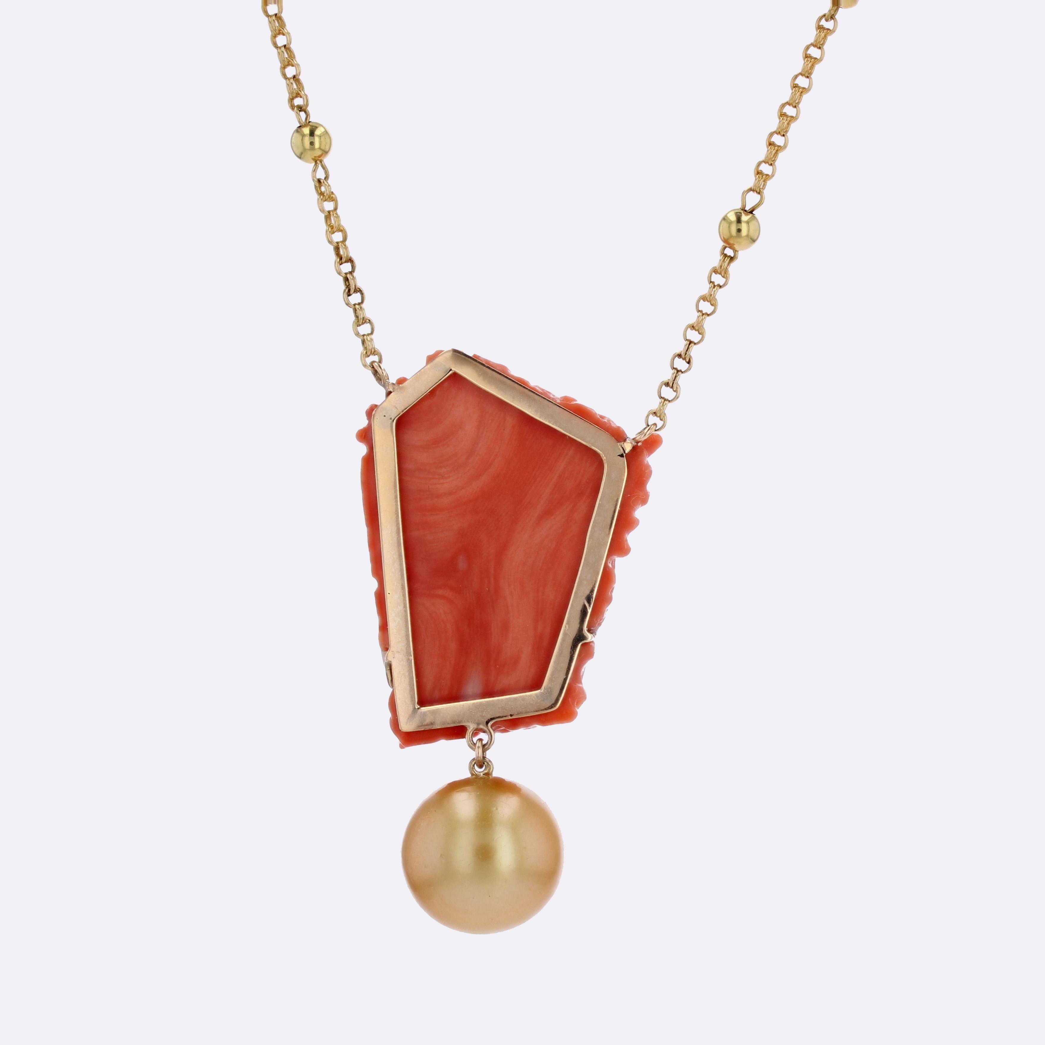 Coral Cameo South Sea Pearl Yellow Gold Necklace For Sale 7