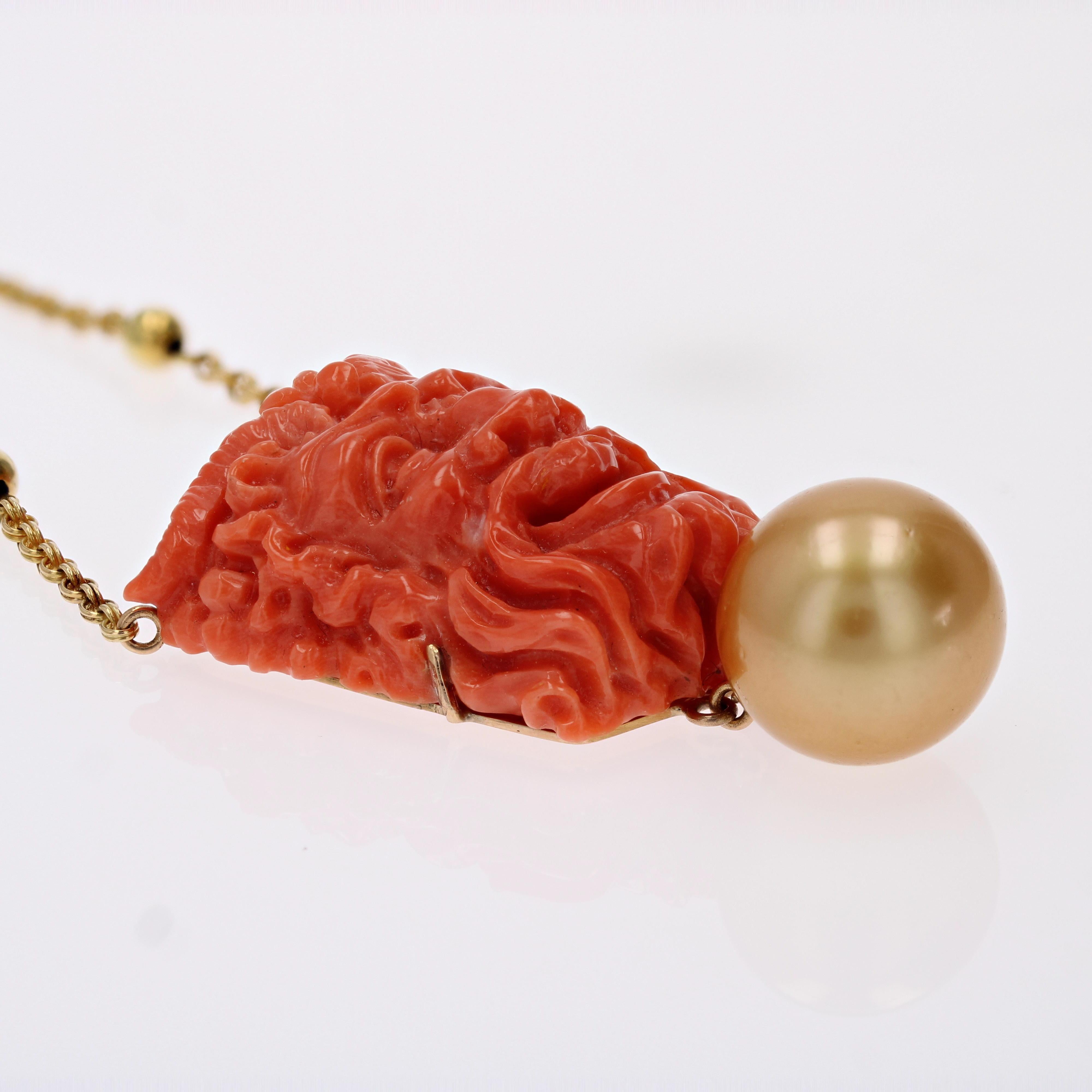 Empire Coral Cameo South Sea Pearl Yellow Gold Necklace For Sale