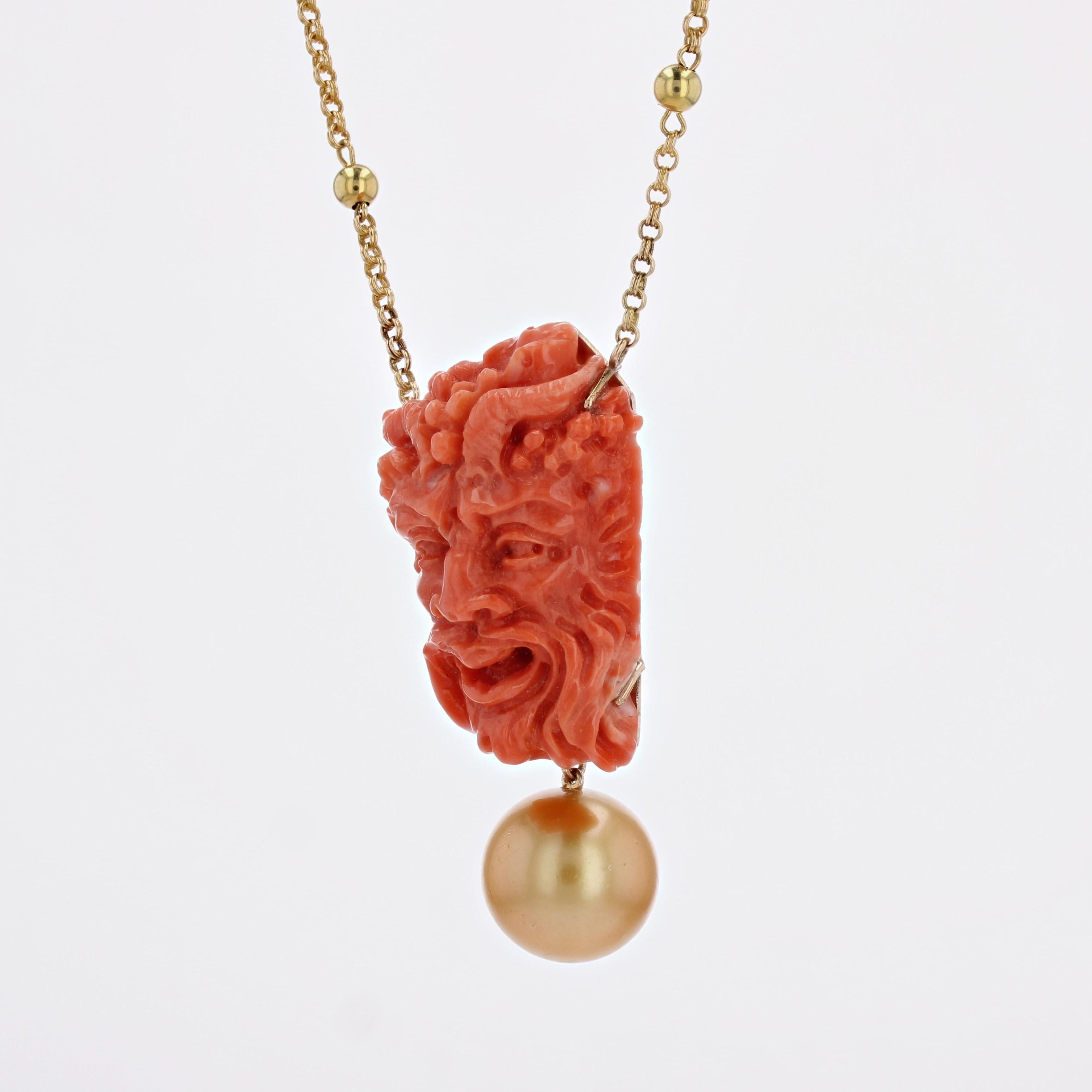 Coral Cameo South Sea Pearl Yellow Gold Necklace In New Condition For Sale In Poitiers, FR