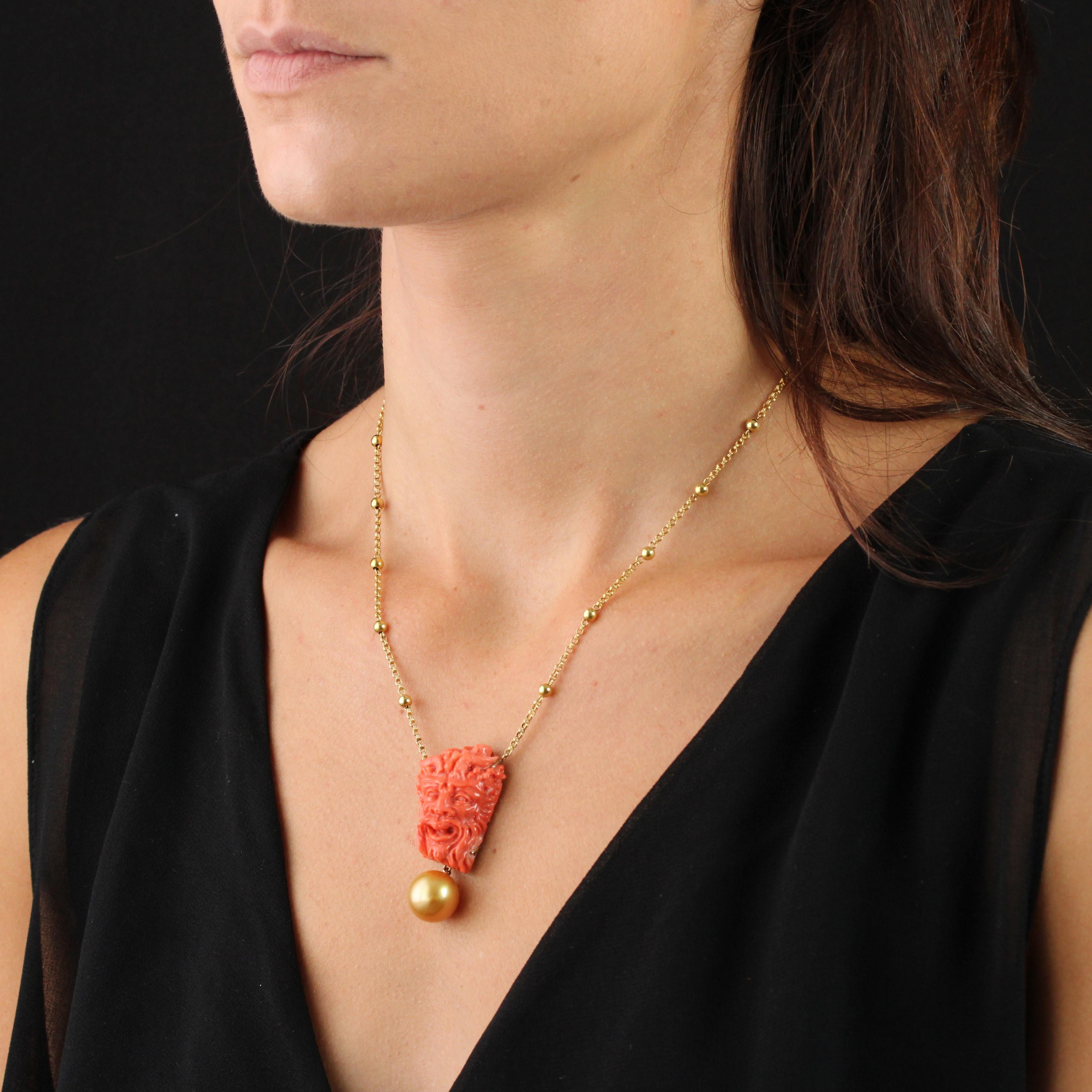Coral Cameo South Sea Pearl Yellow Gold Necklace For Sale 1