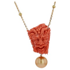 Coral Cameo South Sea Pearl Yellow Gold Necklace