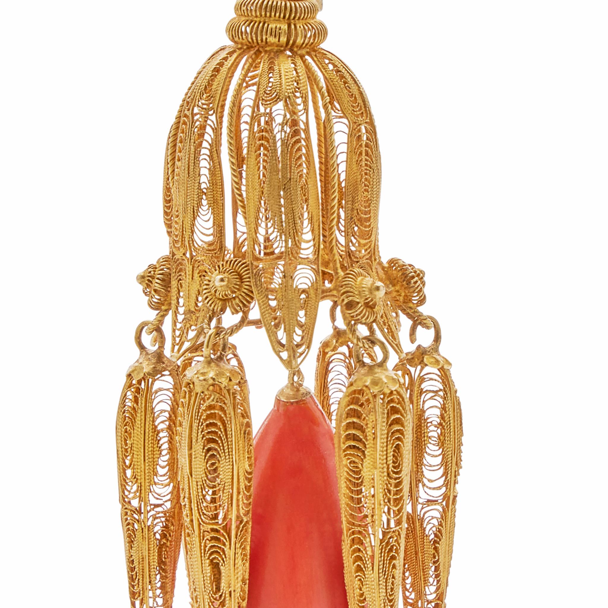 Georgian Coral Cannetille Pendant Earrings For Sale