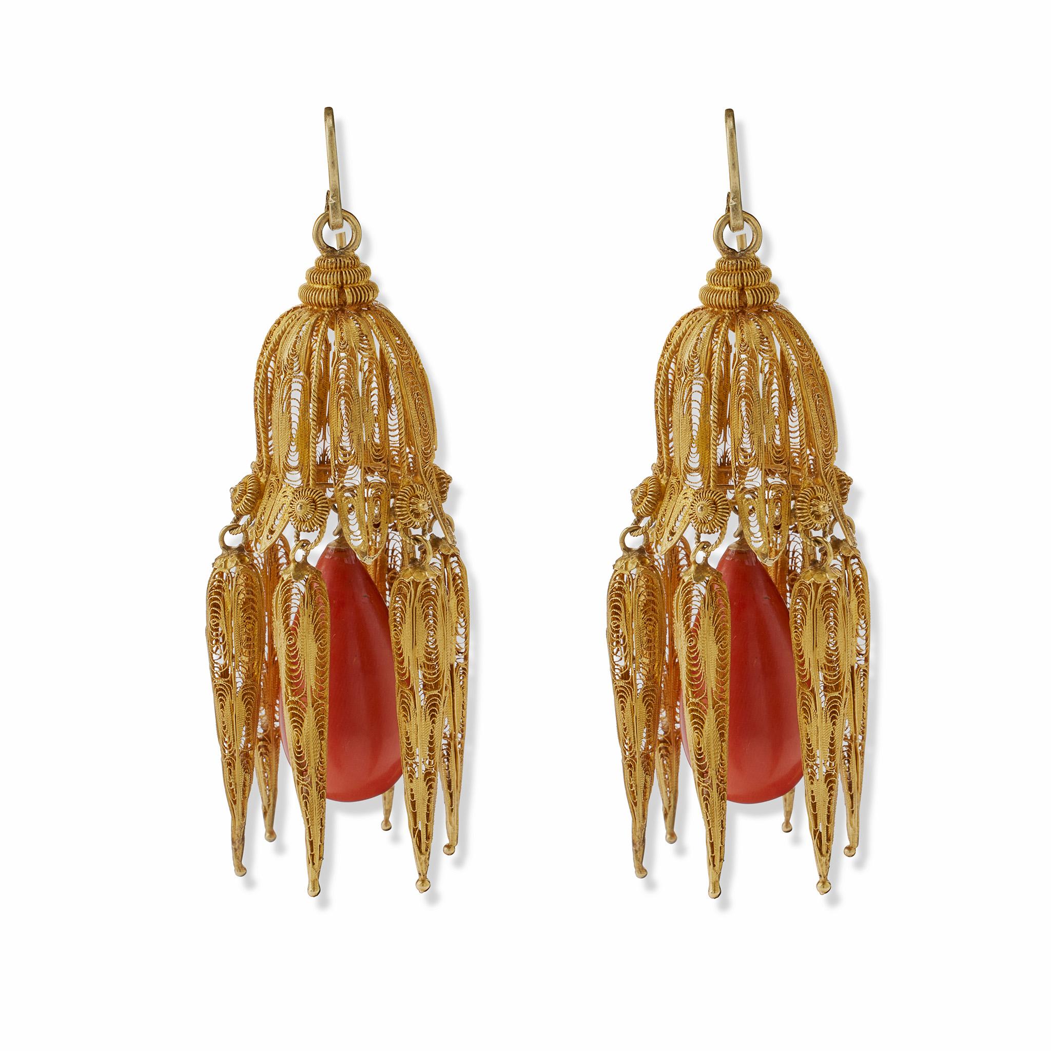 Cabochon Coral Cannetille Pendant Earrings For Sale