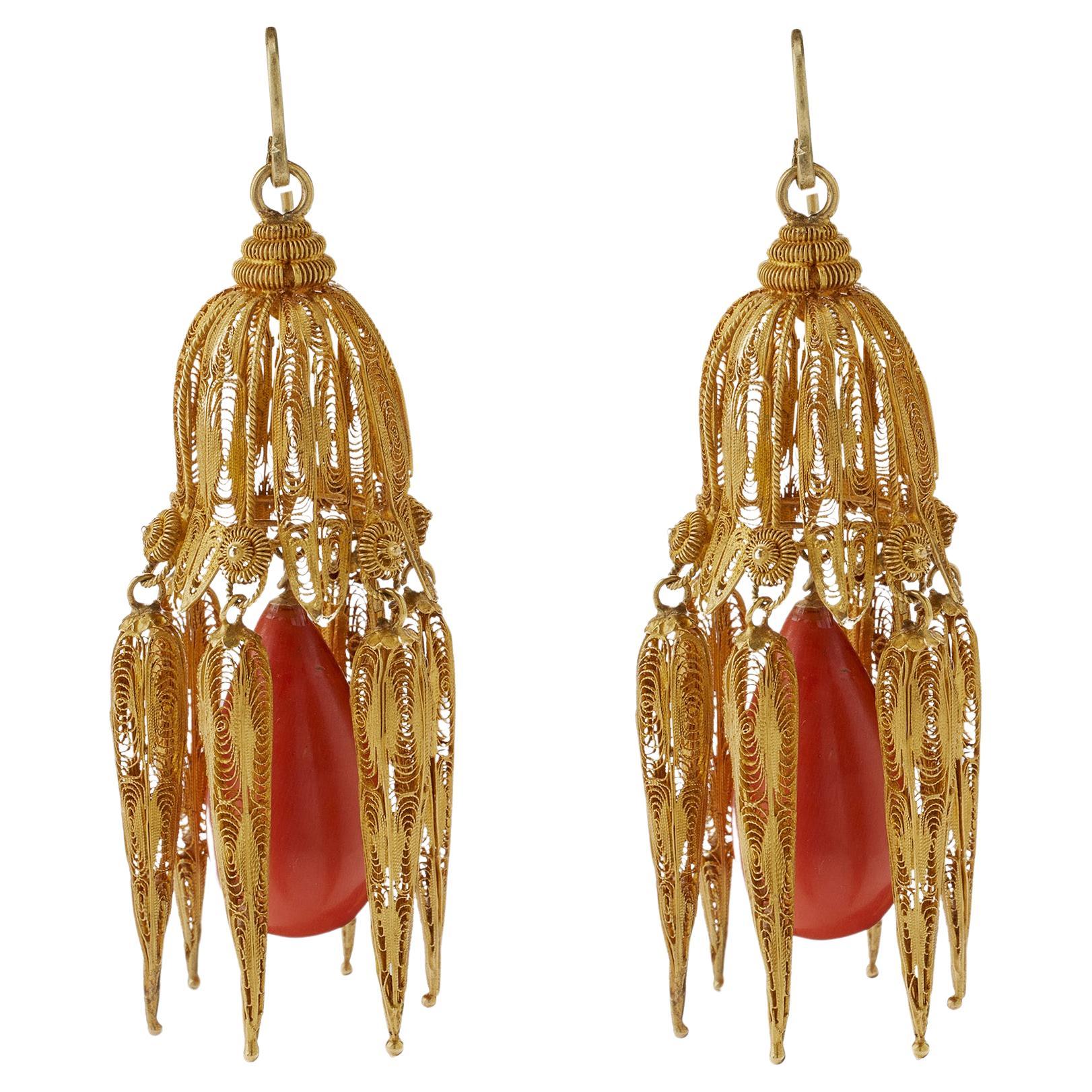 Coral Cannetille Pendant Earrings For Sale