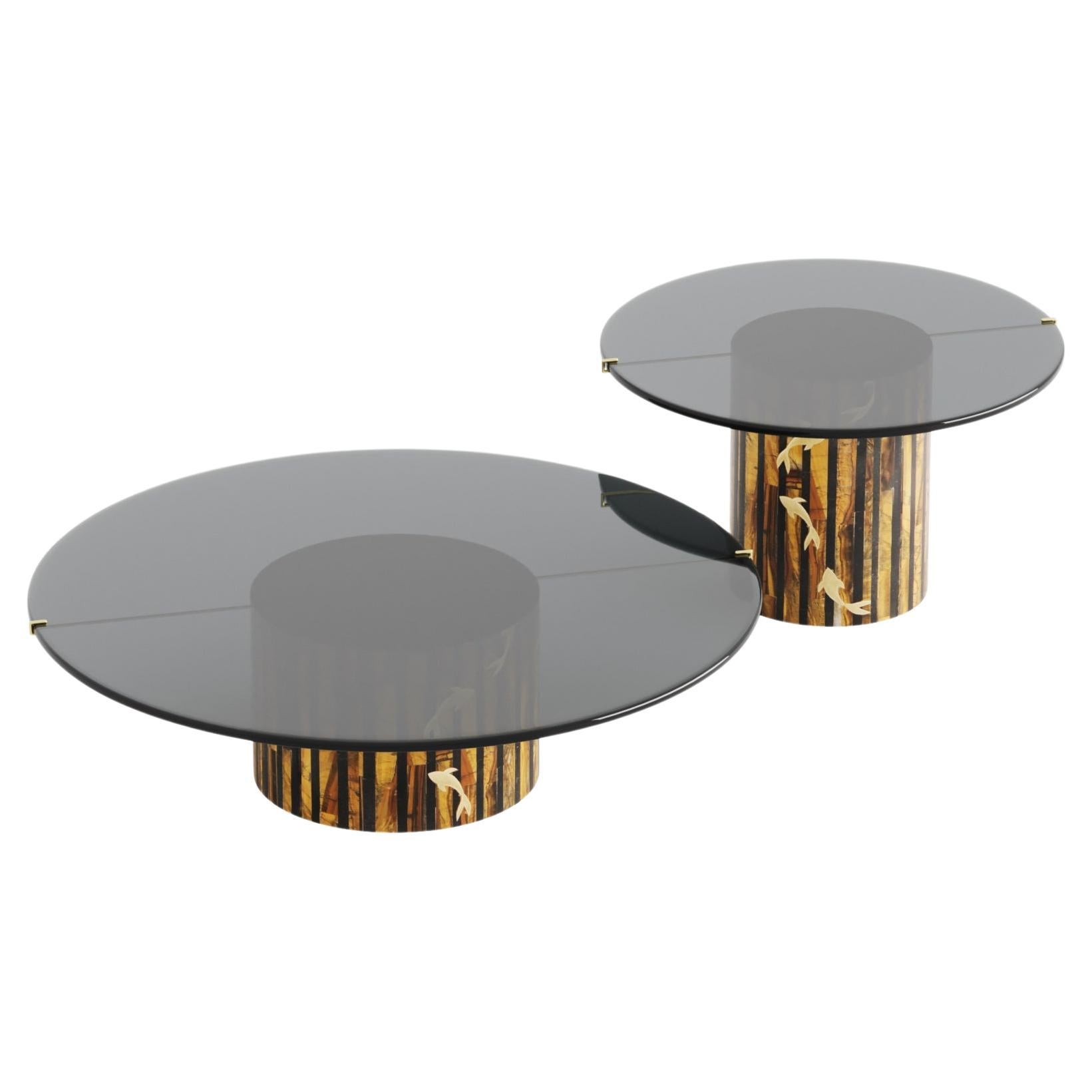 Coral Center Table Large In Tiger Eye Stone With Brass Inlay Accent 