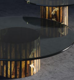 Coral Center Table Small In Tiger Eye Stone With Brass Inlay Accent