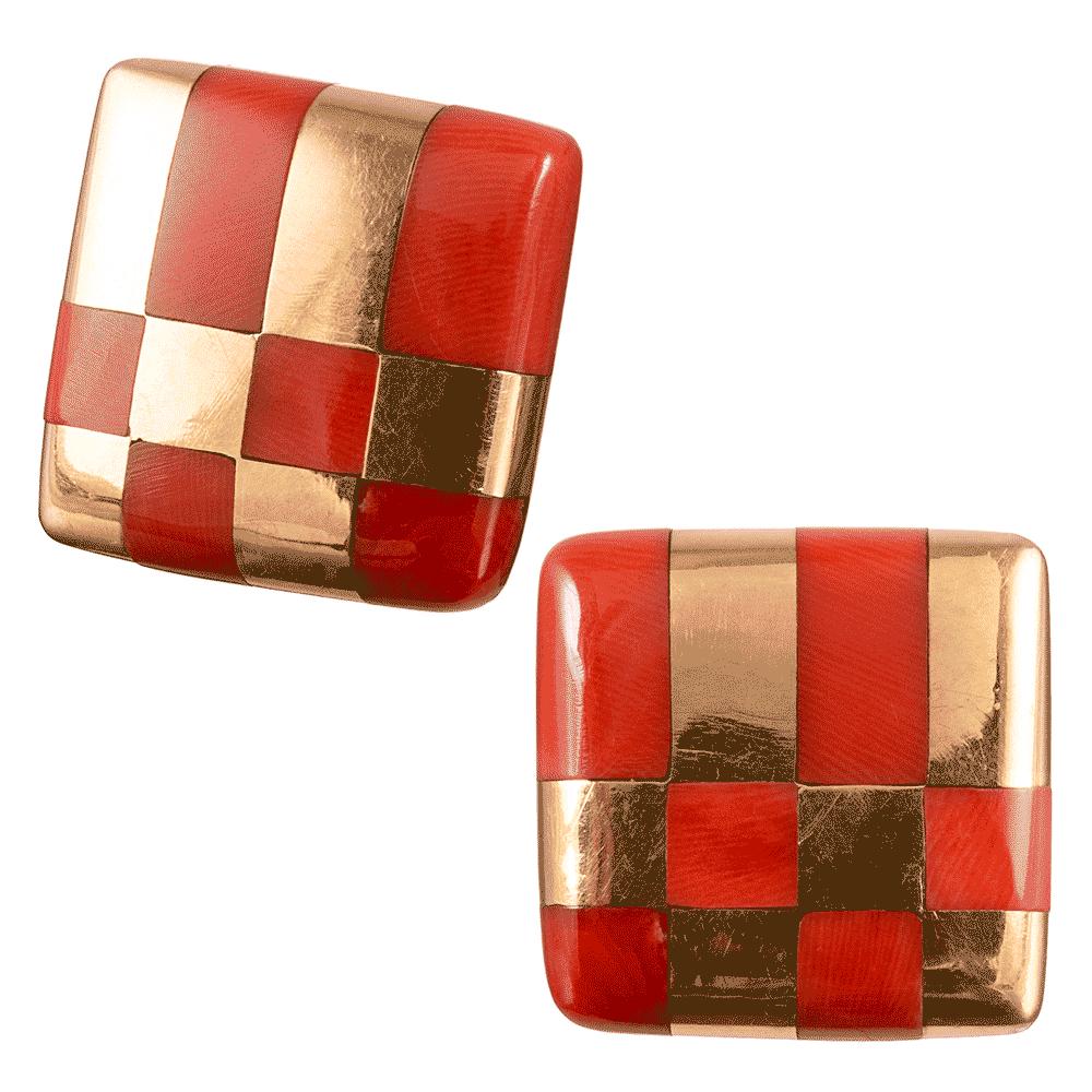 An asymmetric checkerboard of coral sections laced with 18 karat yellow gold, this iconic design is renowned by collectors and will be instantly recognized by enthusiasts. The earrings measure ¾ of an inch square and are fitted for pierced ears.