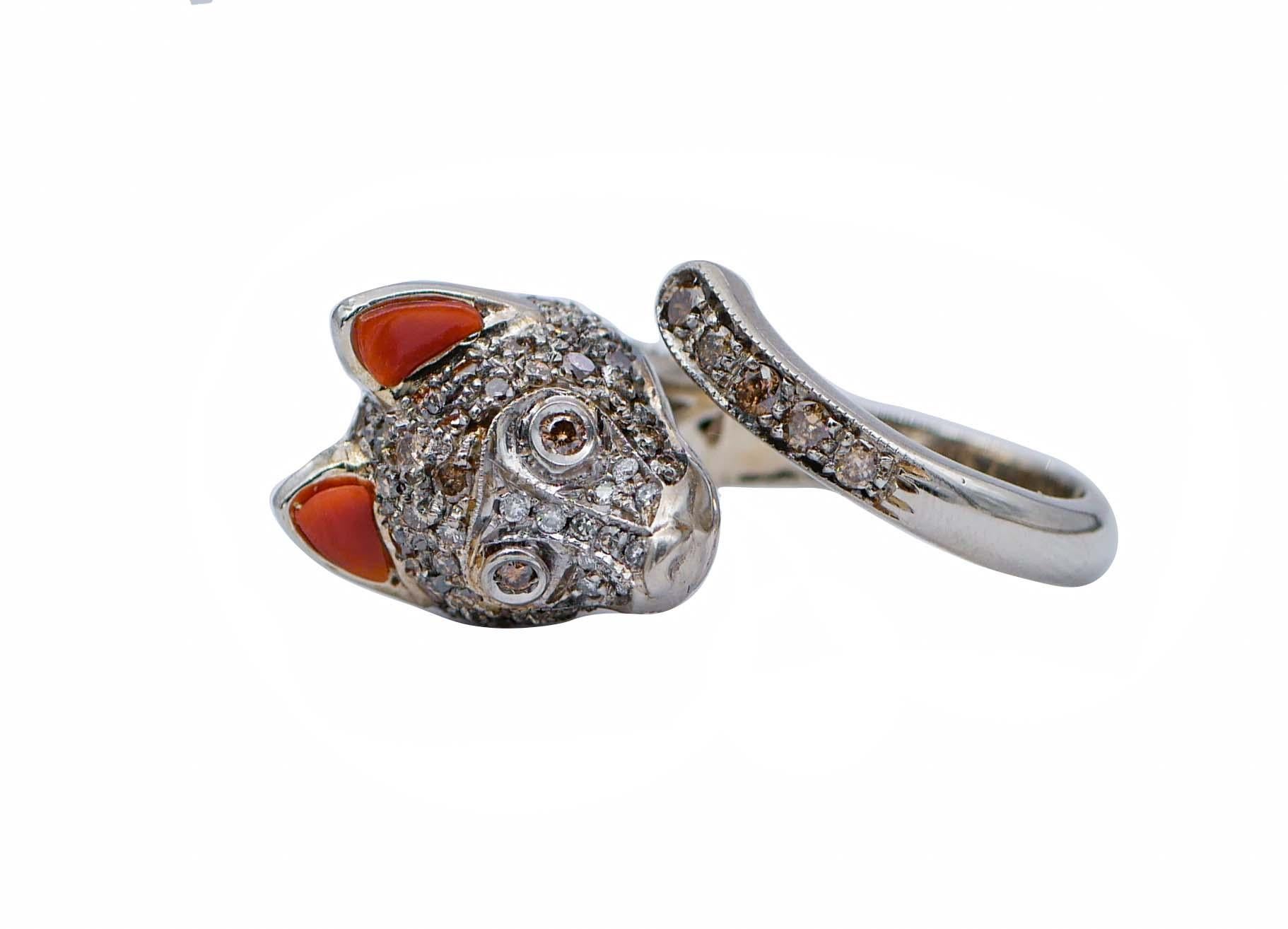 Retro Coral, Chocolate Brown Diamonds, 14 Karat White Gold Wolf Ring