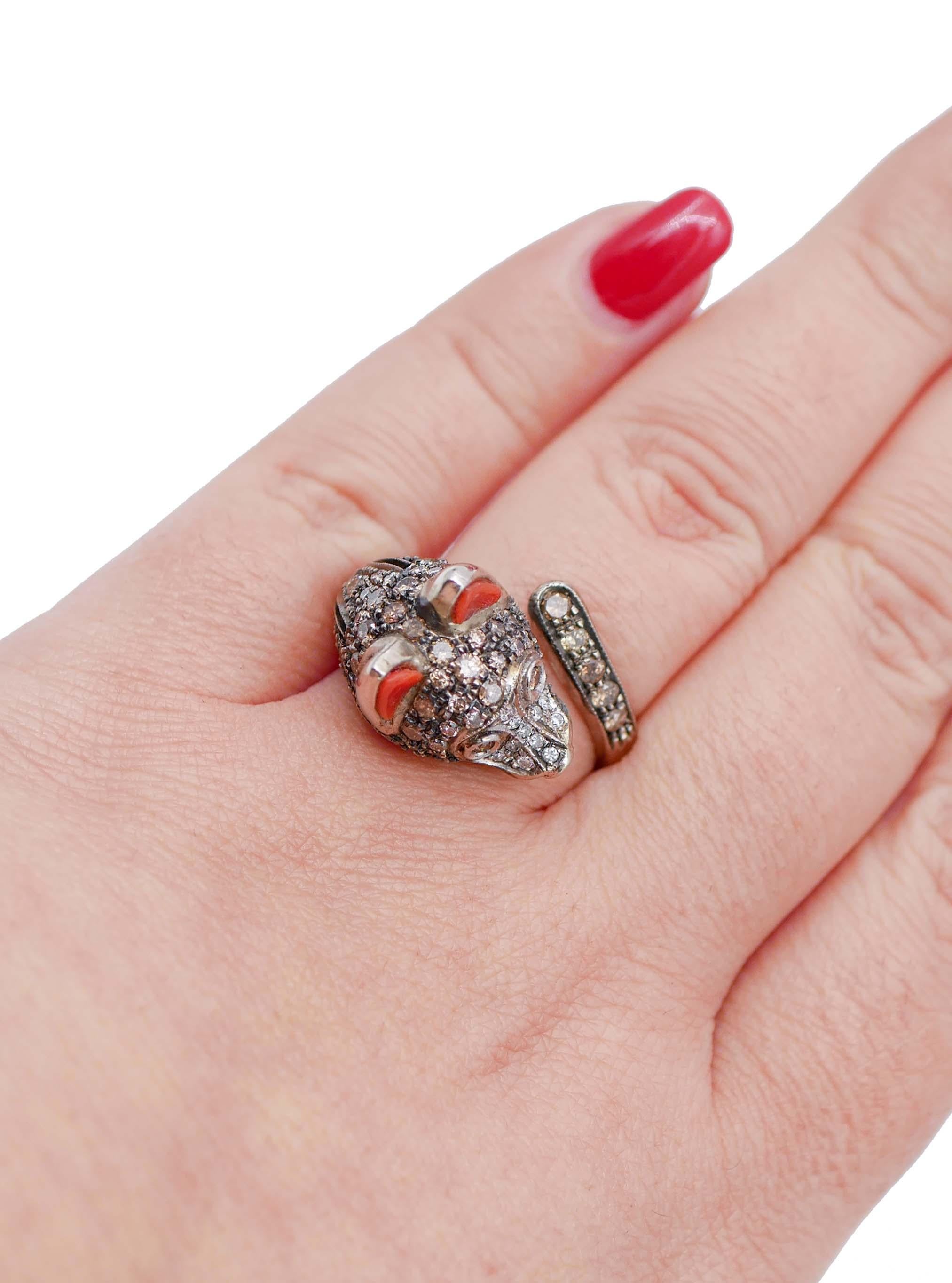 Women's Coral, Chocolate Brown Diamonds, 14 Karat White Gold Wolf Ring
