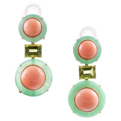 Coral, Chrysoprase, & Peridot 18k Yellow Gold Dangle Earrings