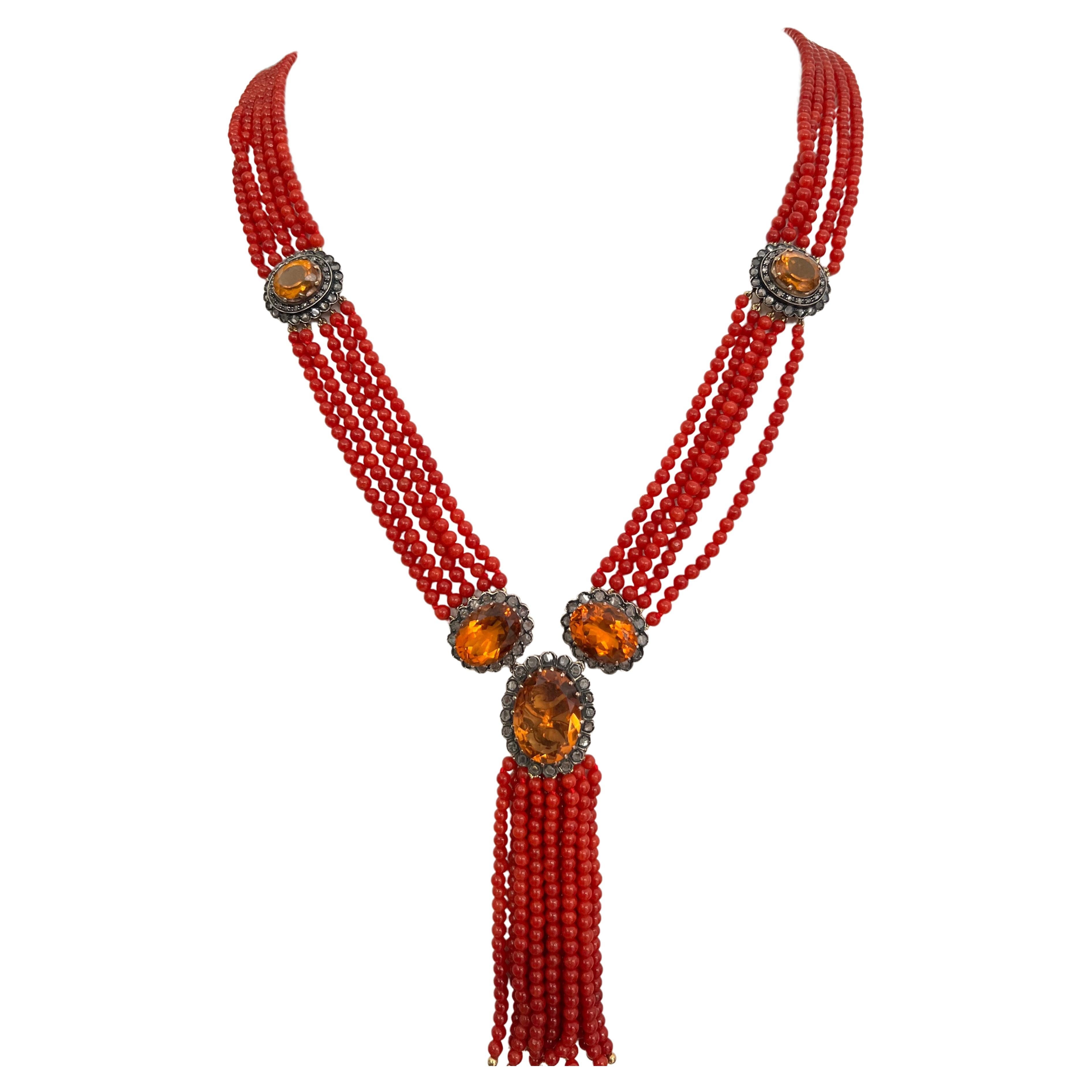 Mehrreihige Halskette mit Koralle Citrin Diamanten 14 Karat Gelbgold Verschluss