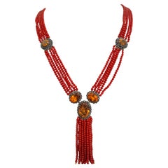 Mehrreihige Halskette mit Koralle Citrin Diamanten 14 Karat Gelbgold Verschluss