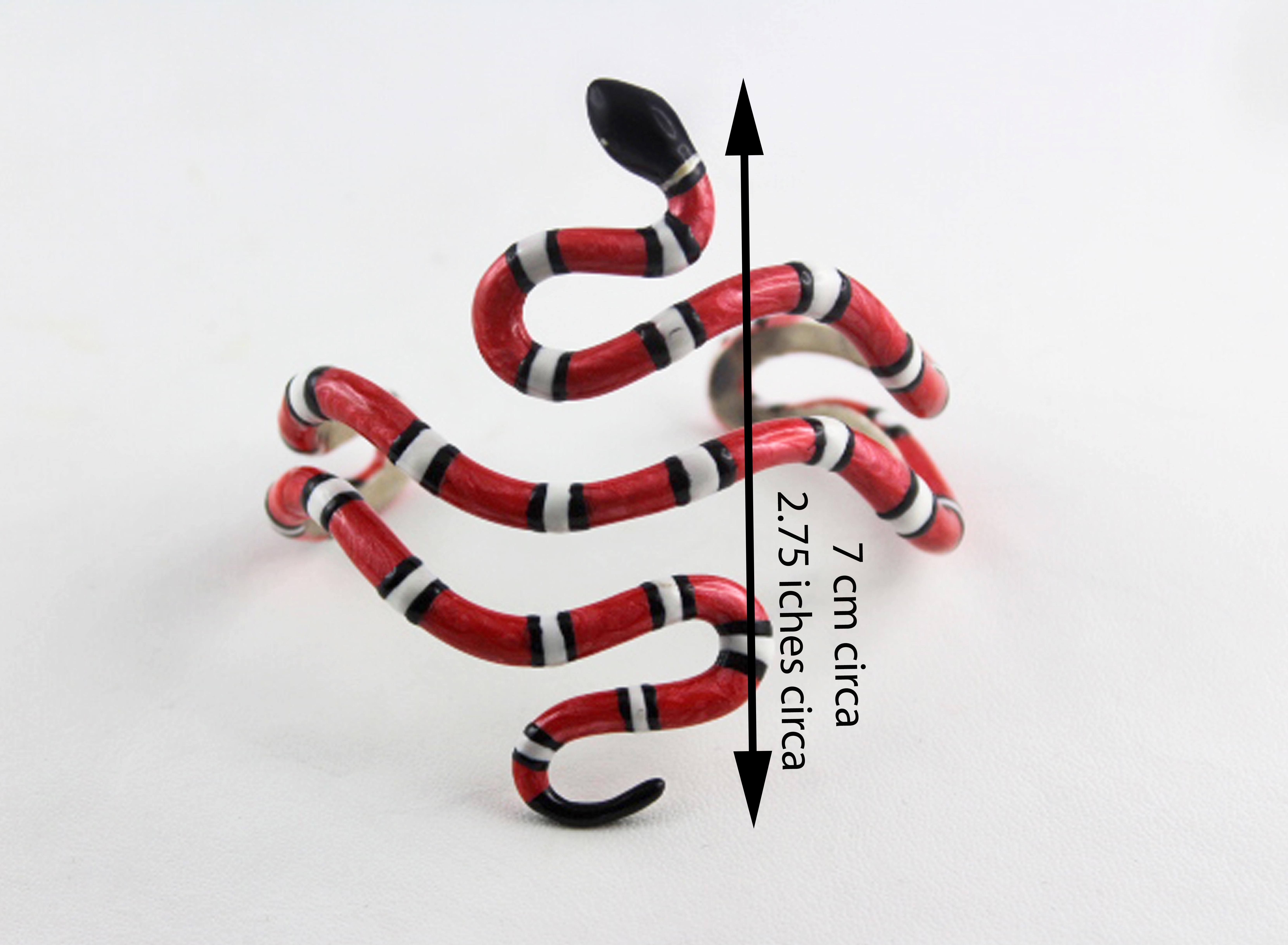 Coral Coiled Snake Red White Black Enamel 925 Silver Cuff Bracelet In New Condition For Sale In Milano, IT