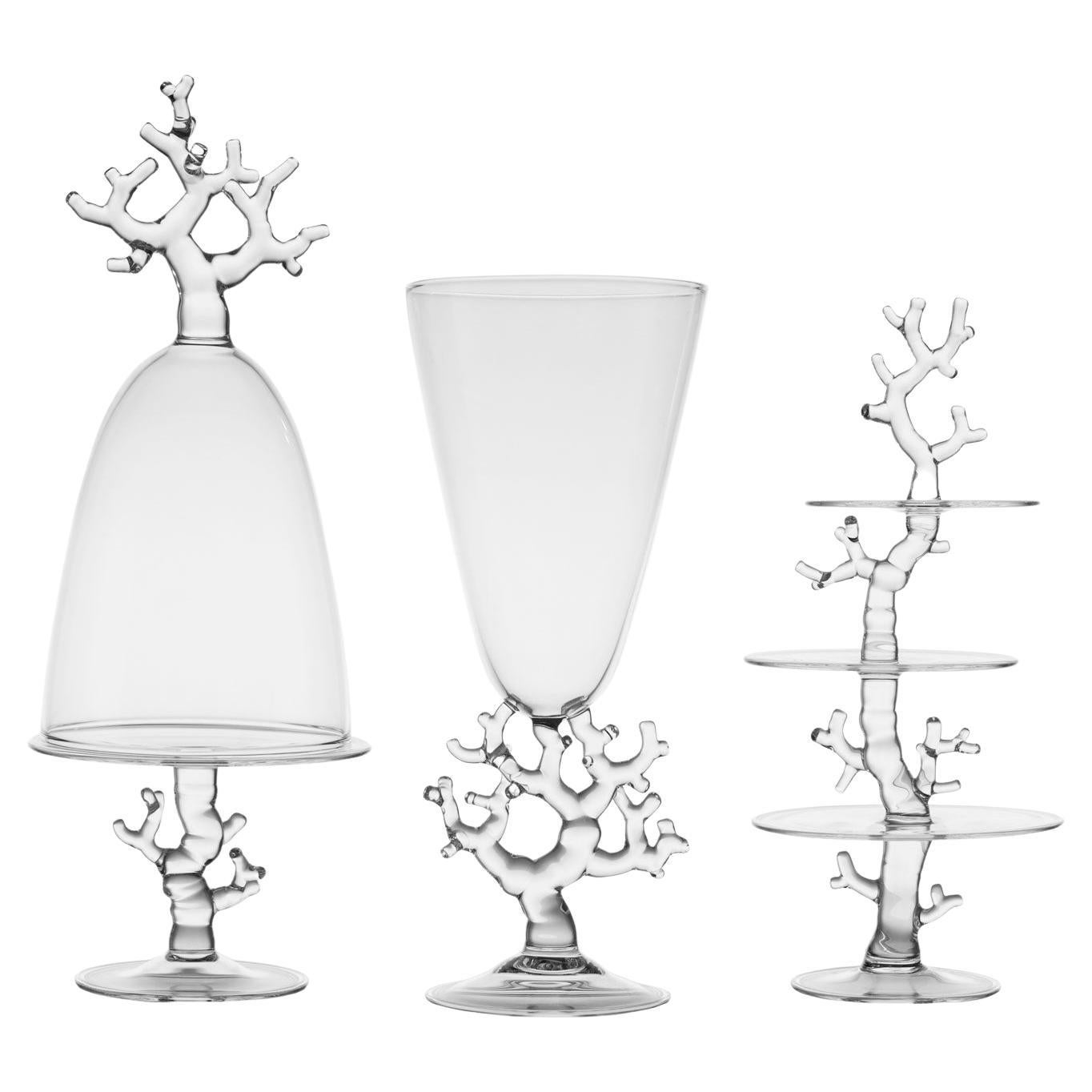 Contemporary Coral Collection Hand-Blown Glass Vase and Serving Stands 