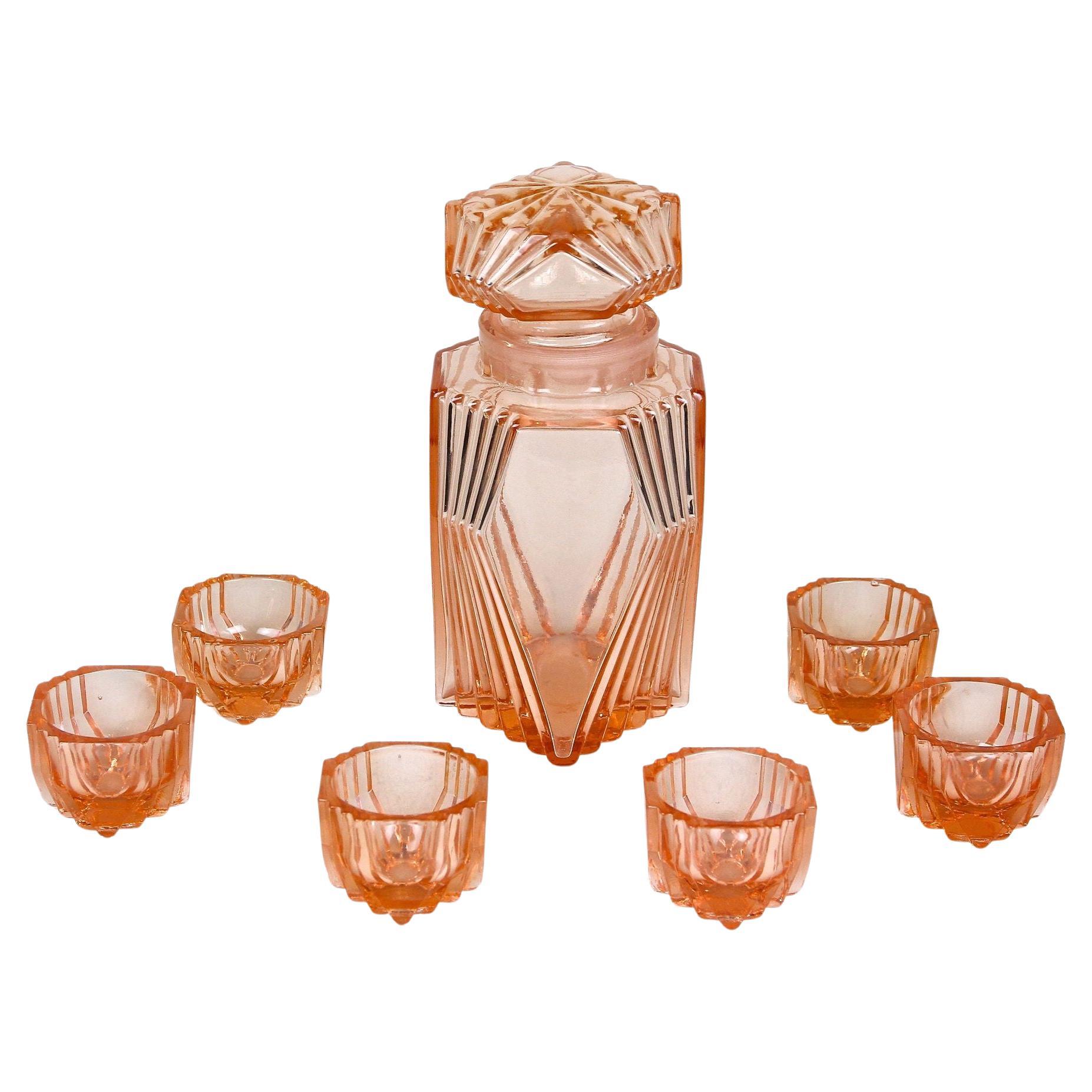 Coral Colored Art Deco Glass Decanter Set With 6 Shot Glasses, Austria ca. 1920 For Sale