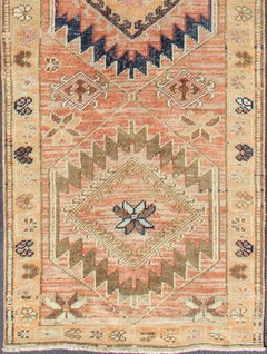 Coral colored Vintage Oushak Runner with Geometric Medallions