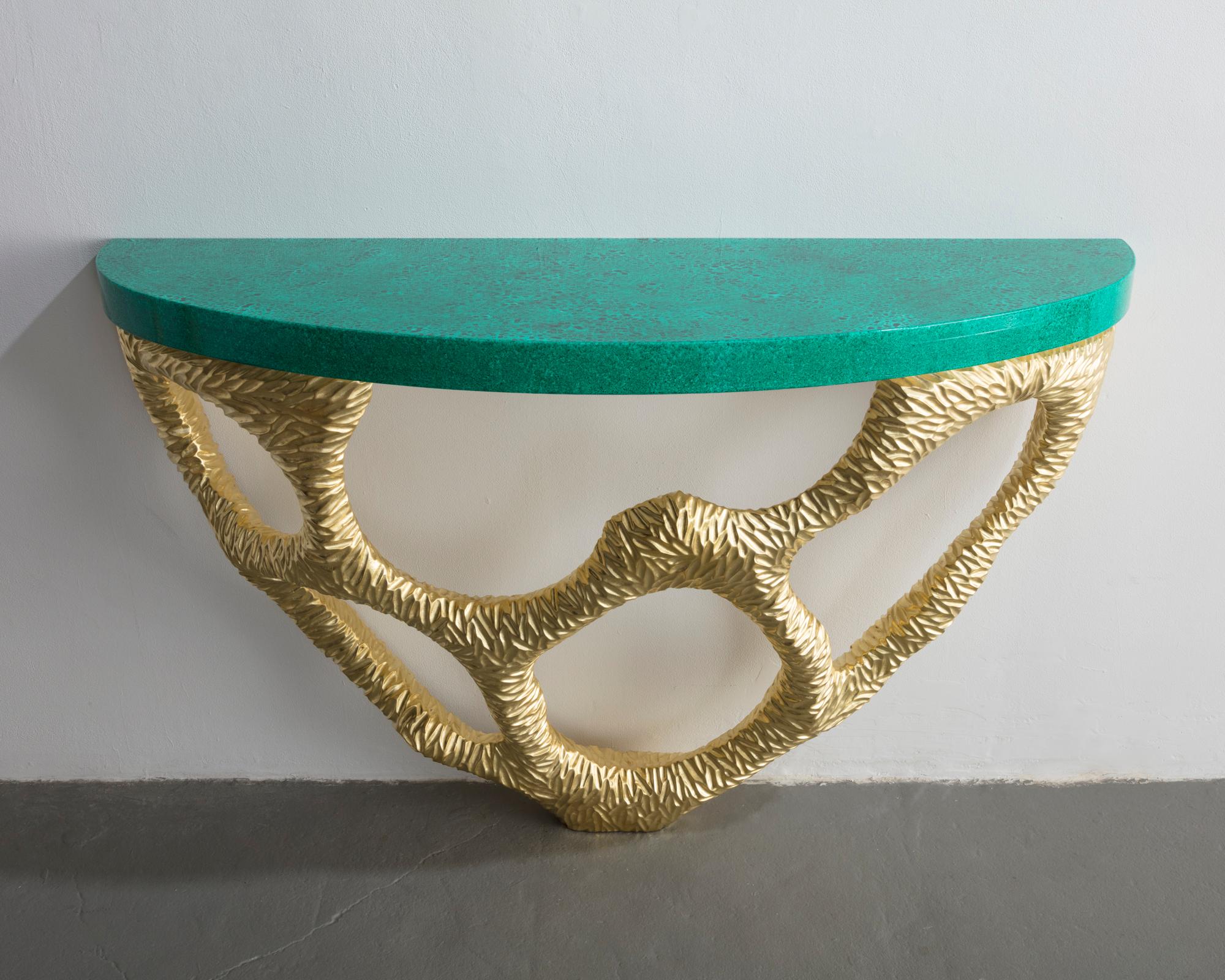 Coral console, carved from pine and gilded with wood top painted in faux malachite style and gloss lacquered. Designed and made by Ashley Hicks, England, 2018.