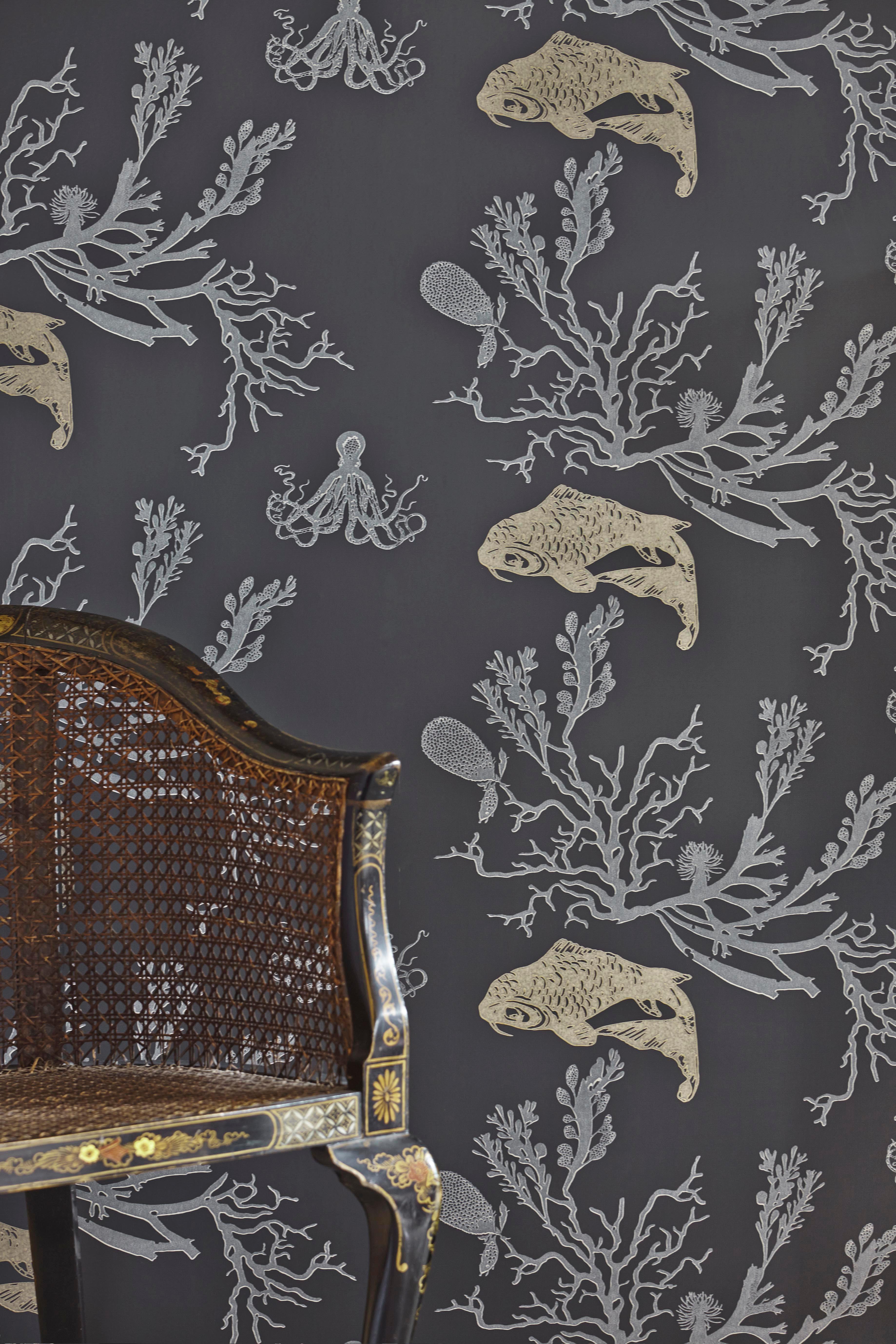British 'Coral' Contemporary, Traditional Wallpaper in Charcoal/Gold For Sale