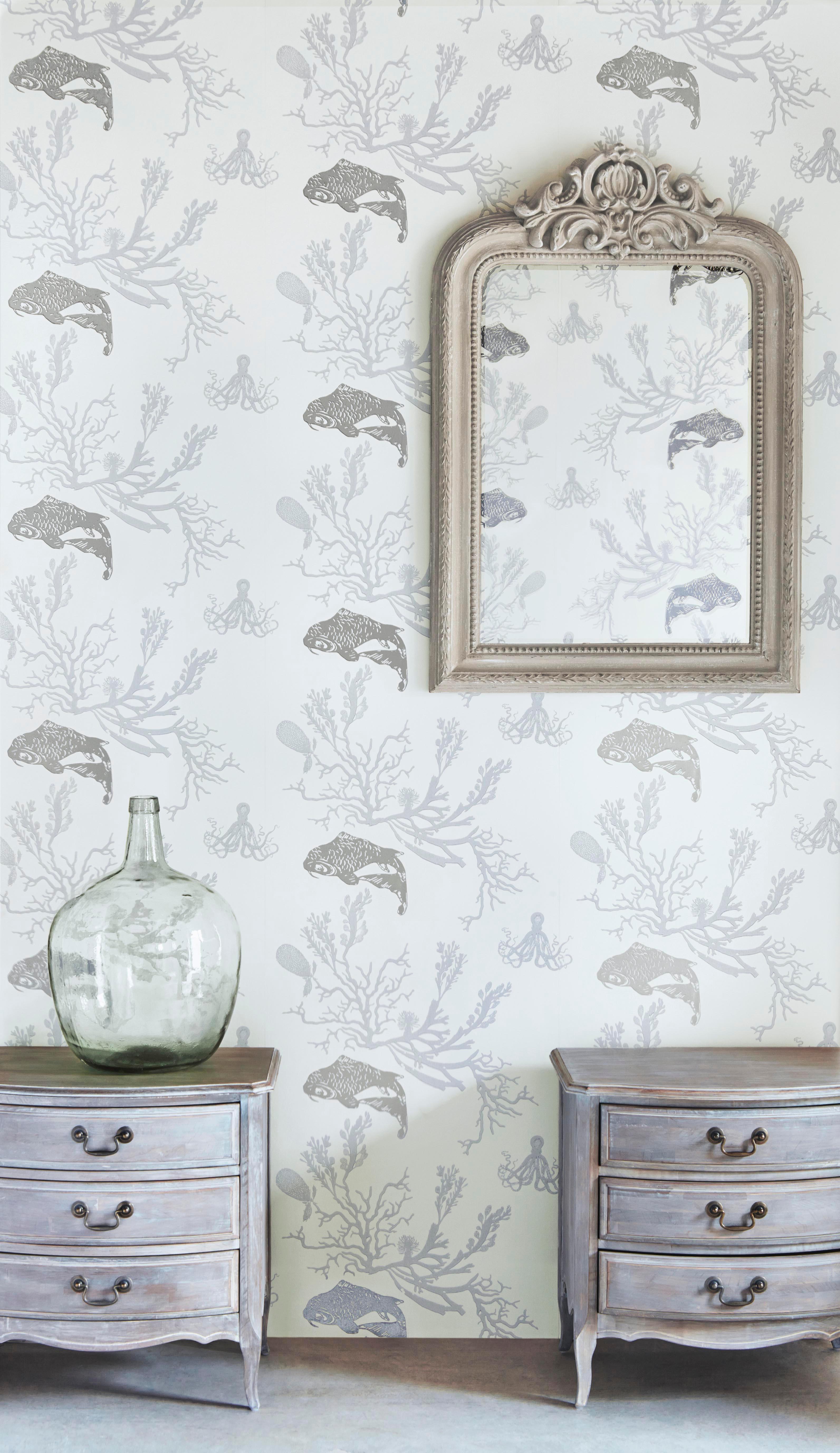 Paper 'Coral' Contemporary, Traditional Wallpaper in Charcoal/Gold For Sale