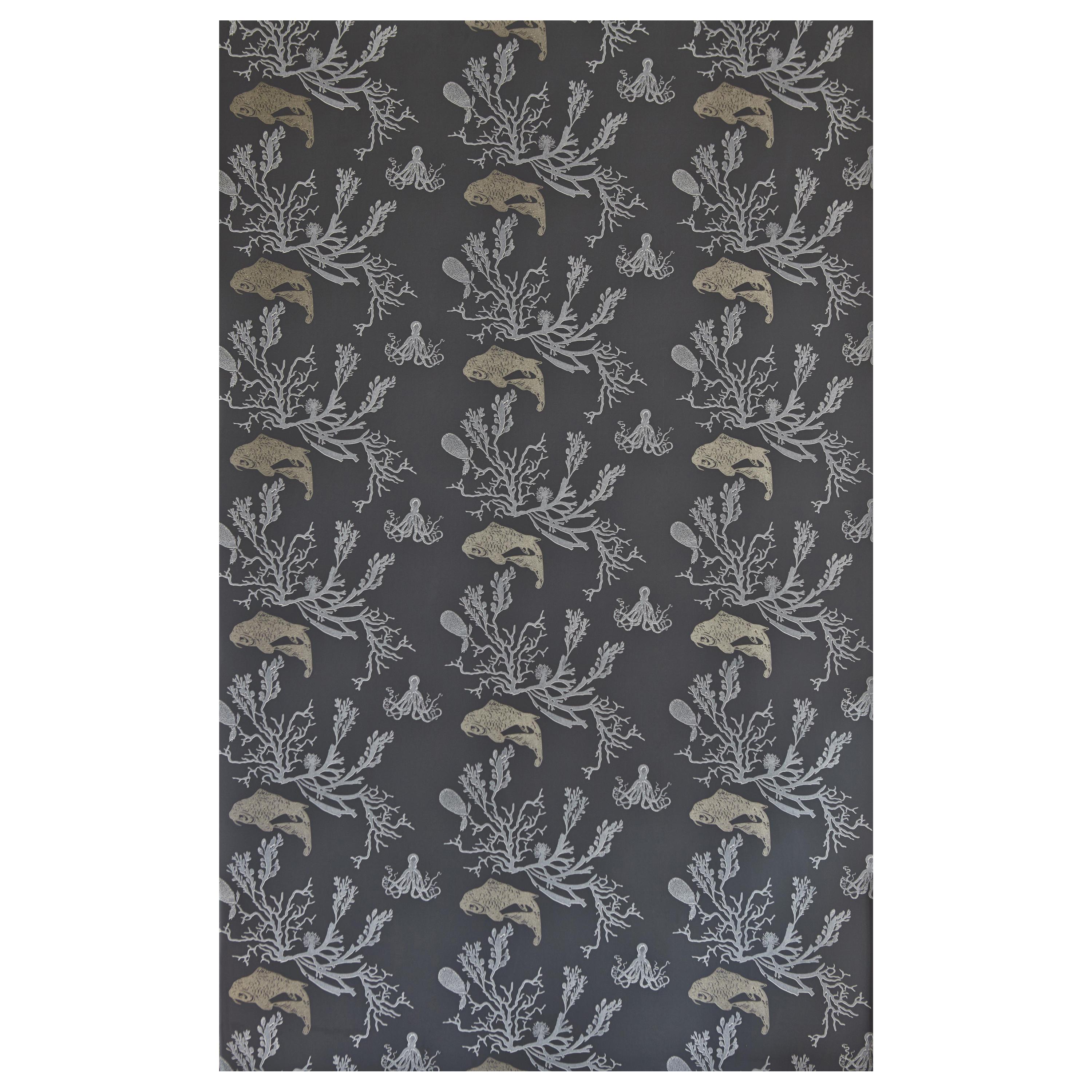 'Coral' Contemporary, Traditional Wallpaper in Charcoal/Gold For Sale