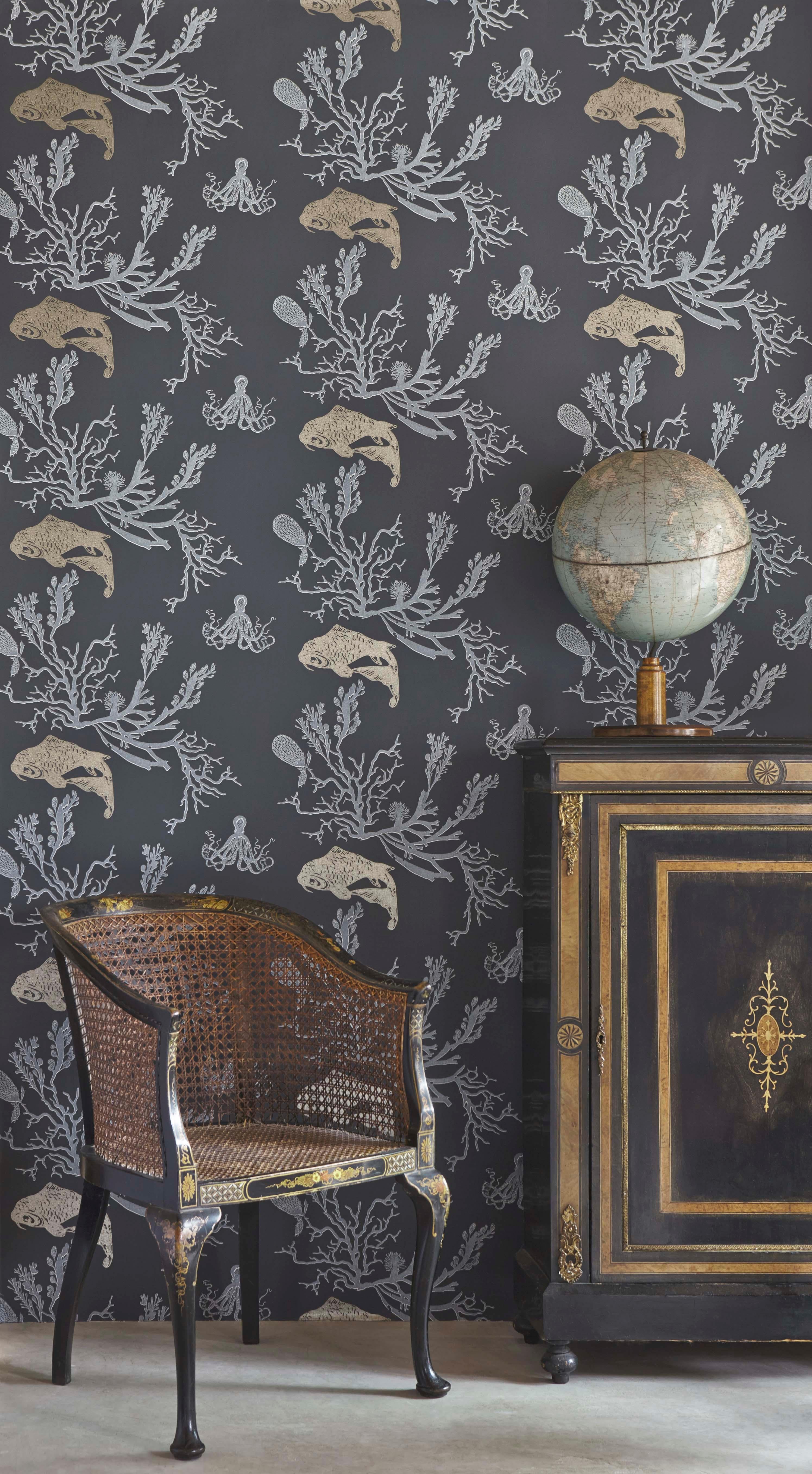 Paper 'Coral' Contemporary, Traditional Wallpaper in Pale Grey/Silver For Sale