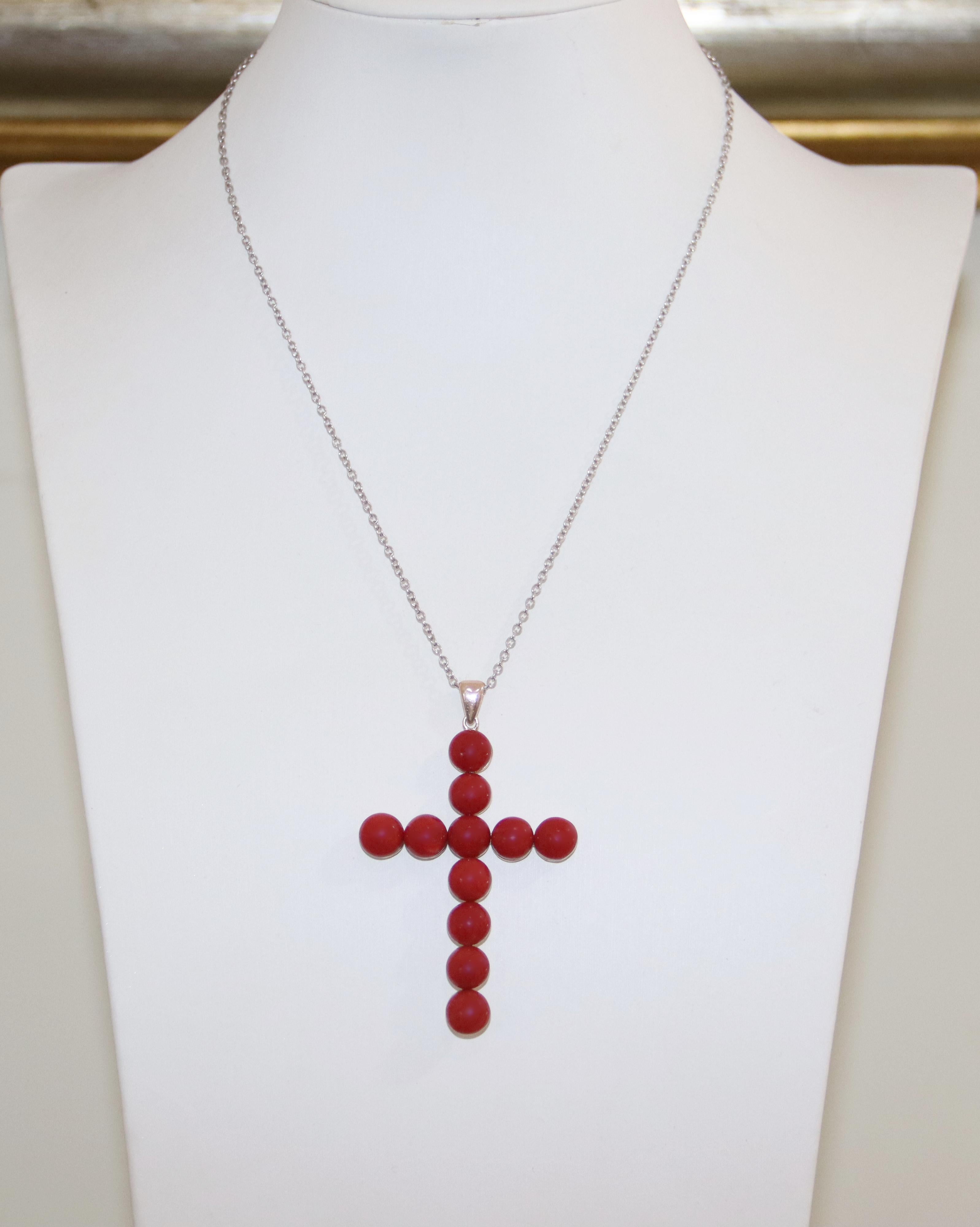 Coral Cross 9 Karat Yellow Gold Pendant Necklace For Sale 4