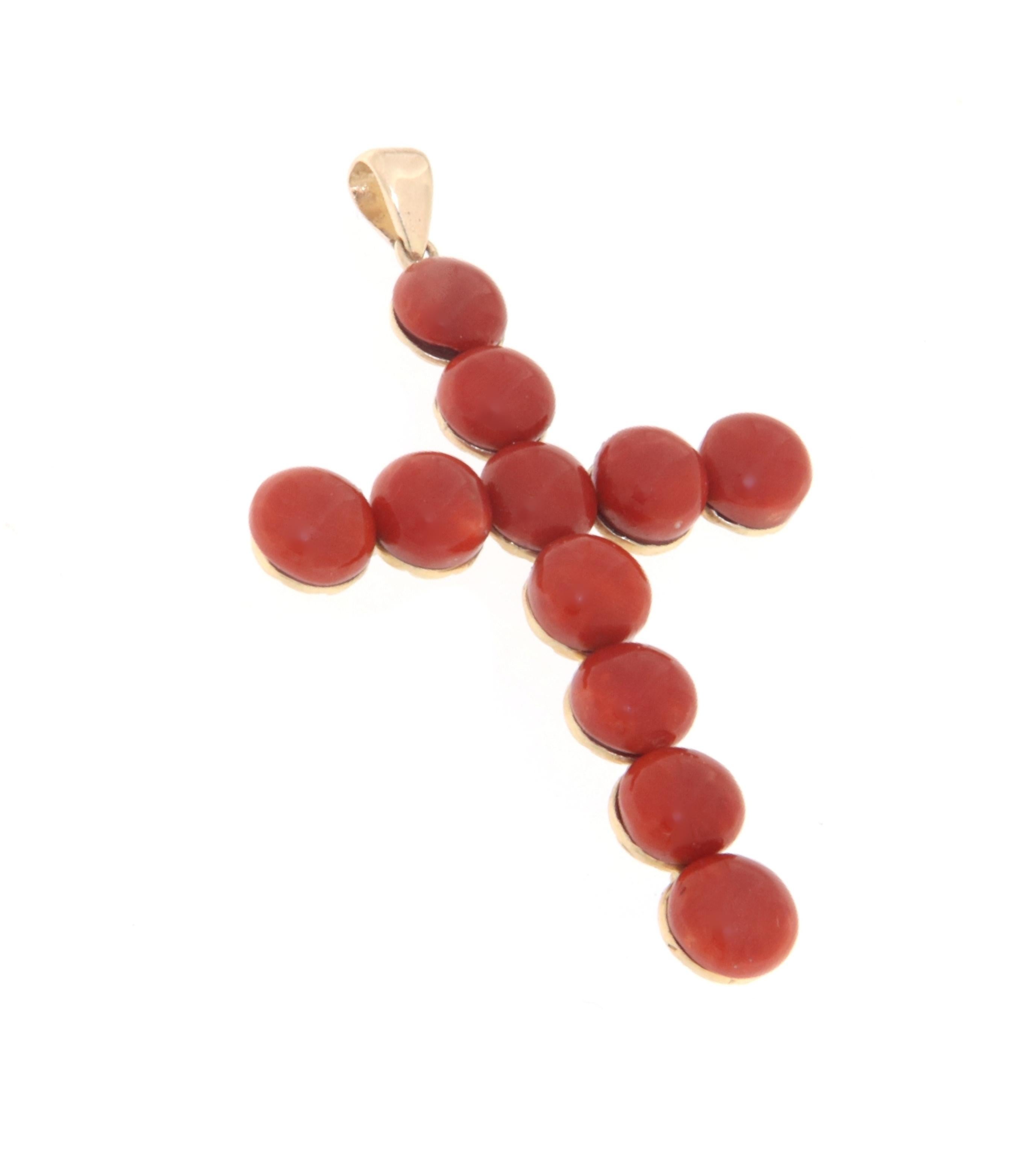 Artisan Coral Cross 9 Karat Yellow Gold Pendant Necklace For Sale