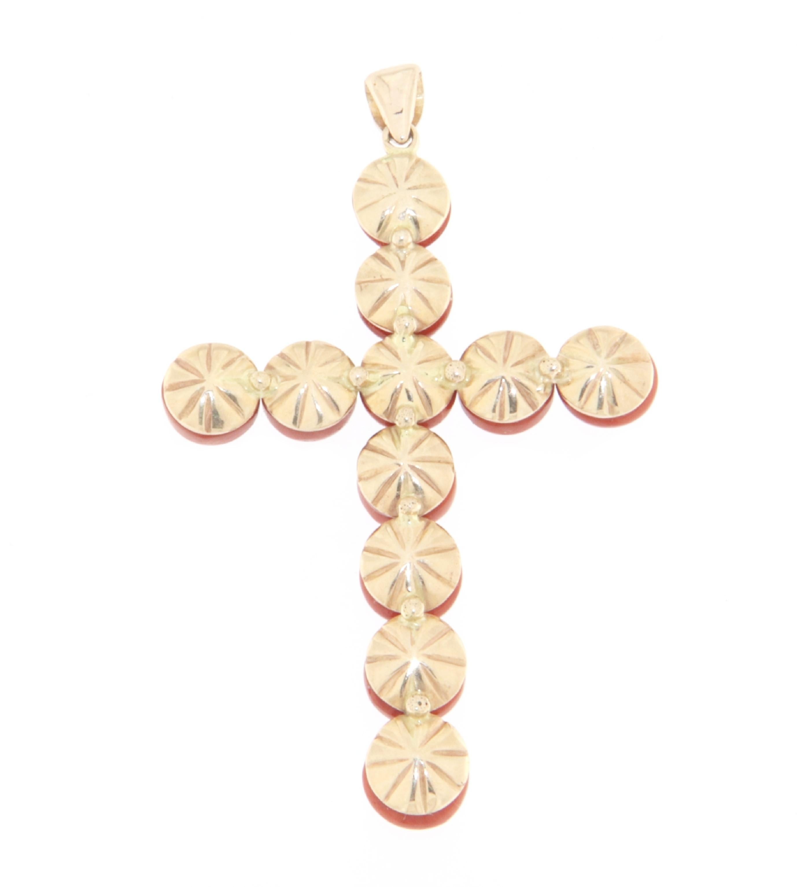 Round Cut Coral Cross 9 Karat Yellow Gold Pendant Necklace For Sale