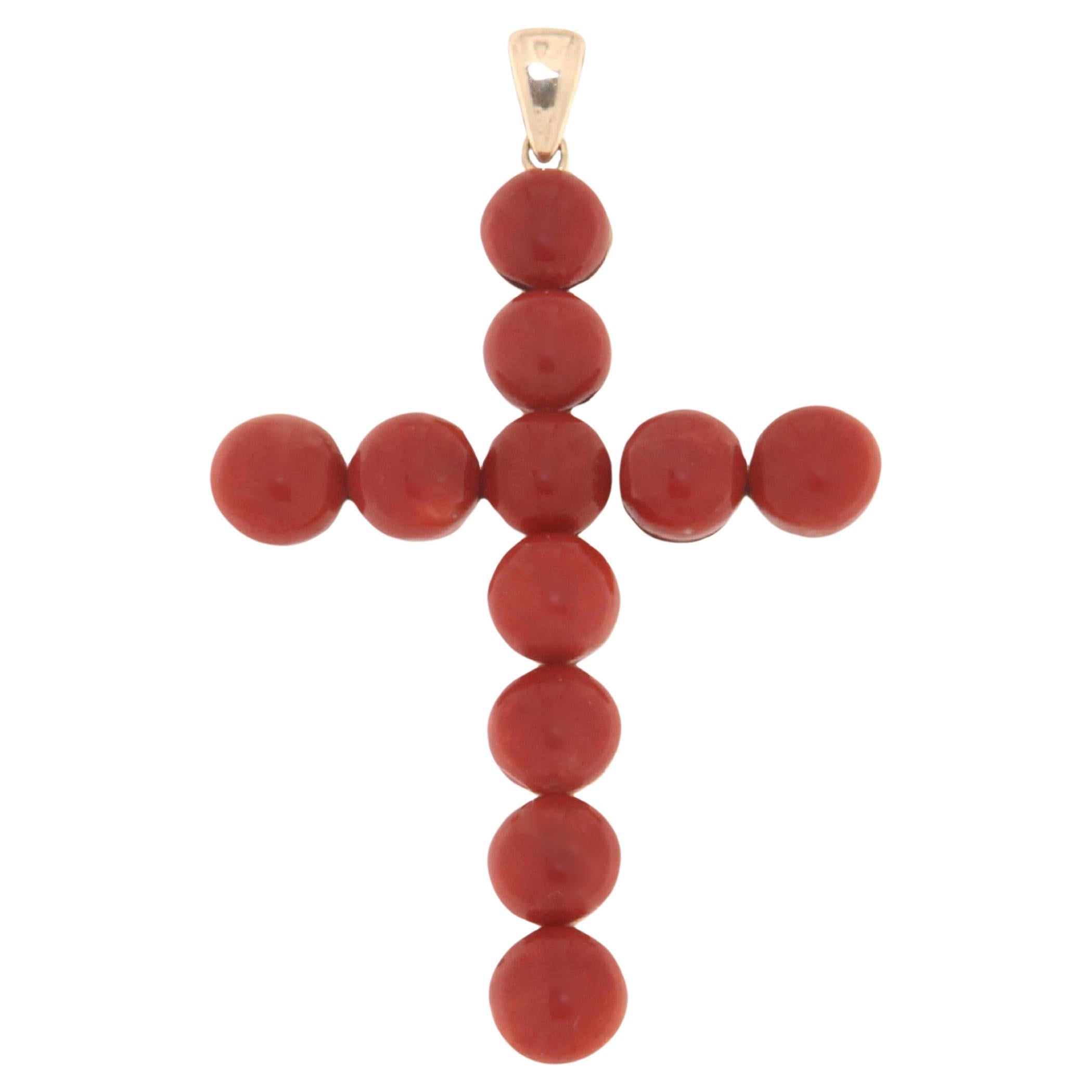 Coral Cross 9 Karat Yellow Gold Pendant Necklace