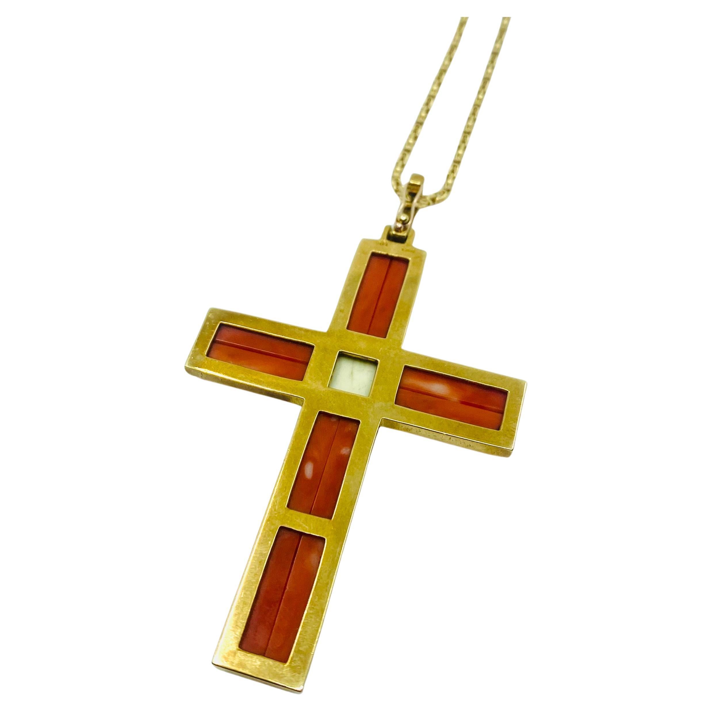 Women's or Men's Coral Cross Pendant Vintage  Gold For Sale