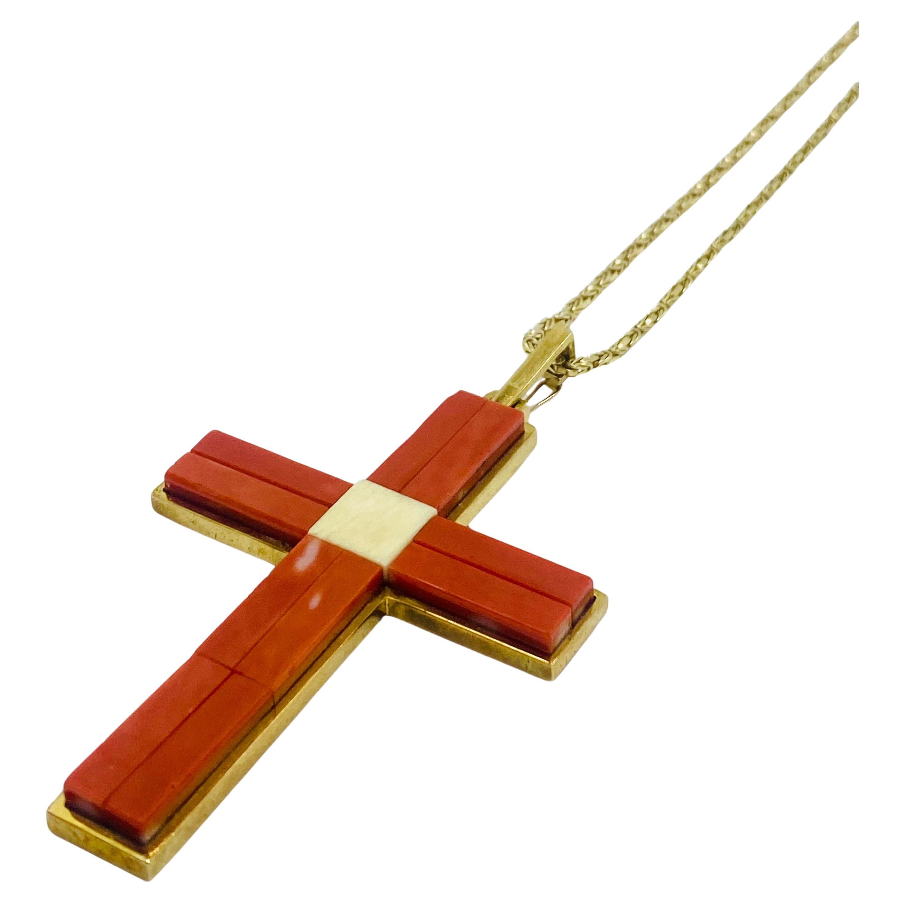 Coral Cross Pendant Vintage  Gold For Sale