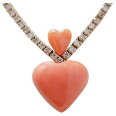 Coral, Ct 5.48 Diamonds, Rose Gold Tennis Necklace.