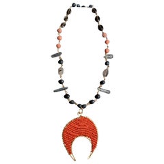Coral Czech Glass, Quartz and Blue Kyanite Long Beaded Crescent Moon Necklace 