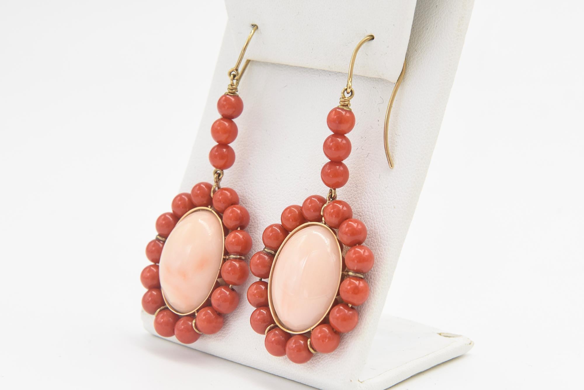 Cabochon Coral Dangling Drop Gold Earrings For Sale