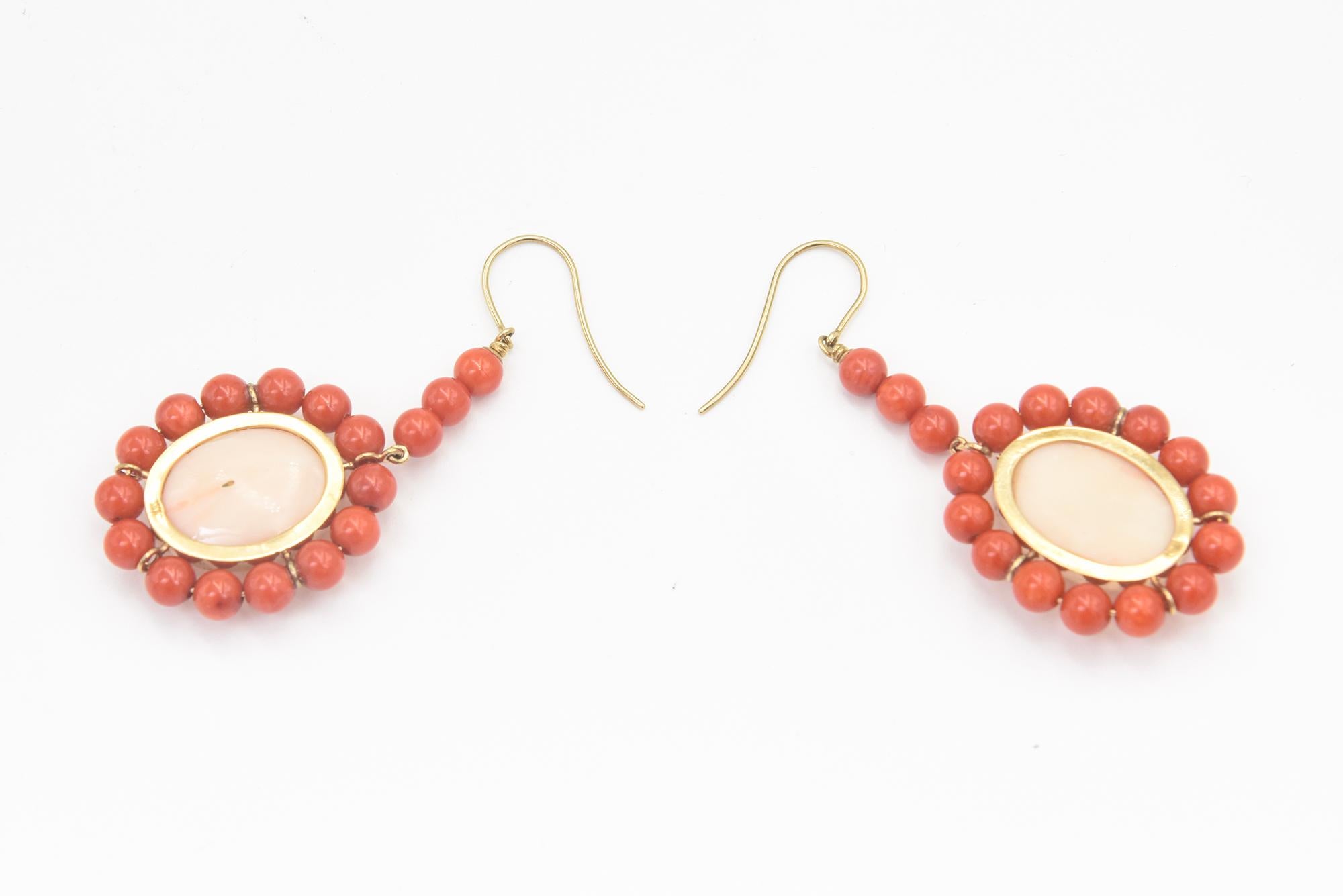 Coral Dangling Drop Gold Earrings For Sale 1