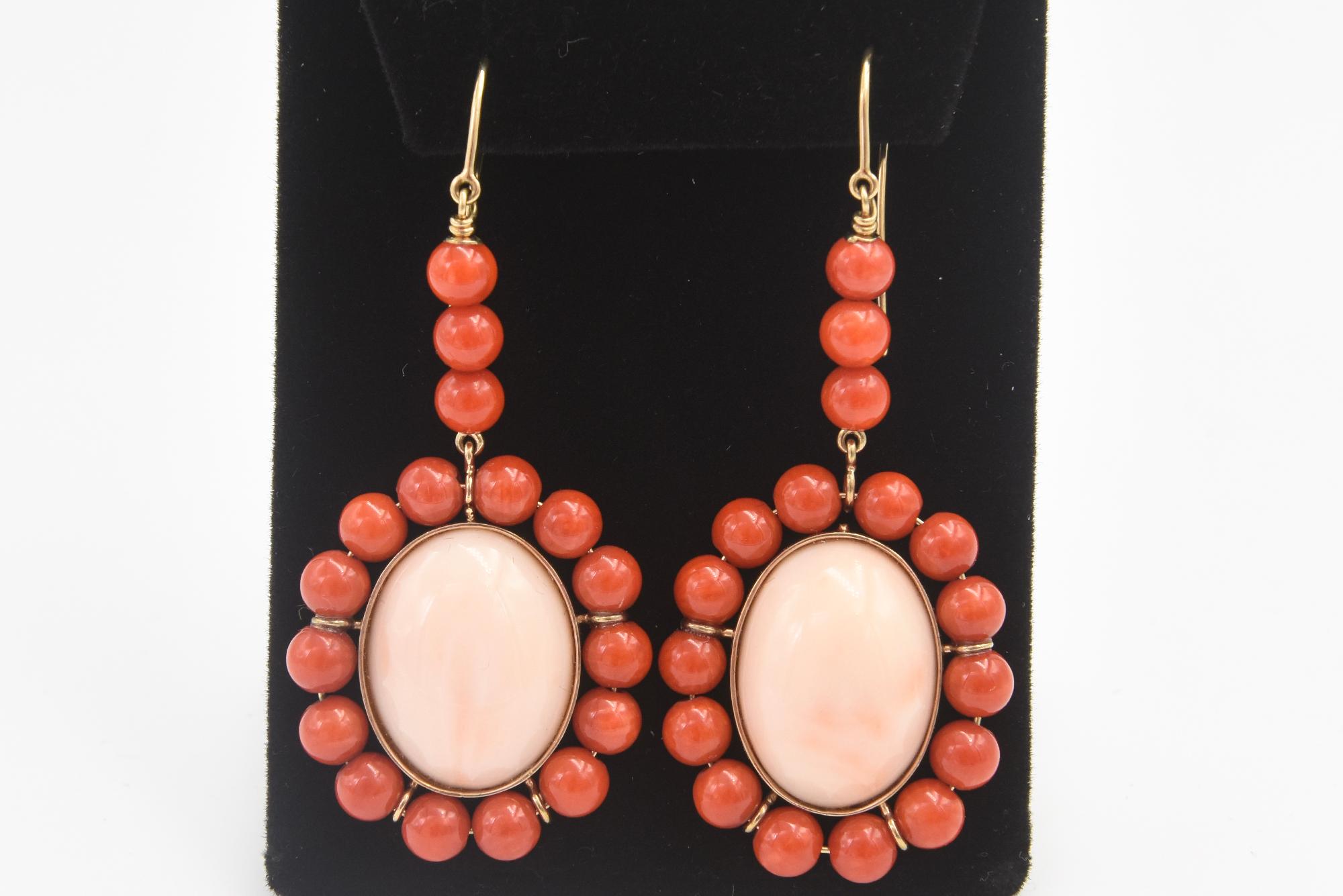 Coral Dangling Drop Gold Earrings For Sale 3