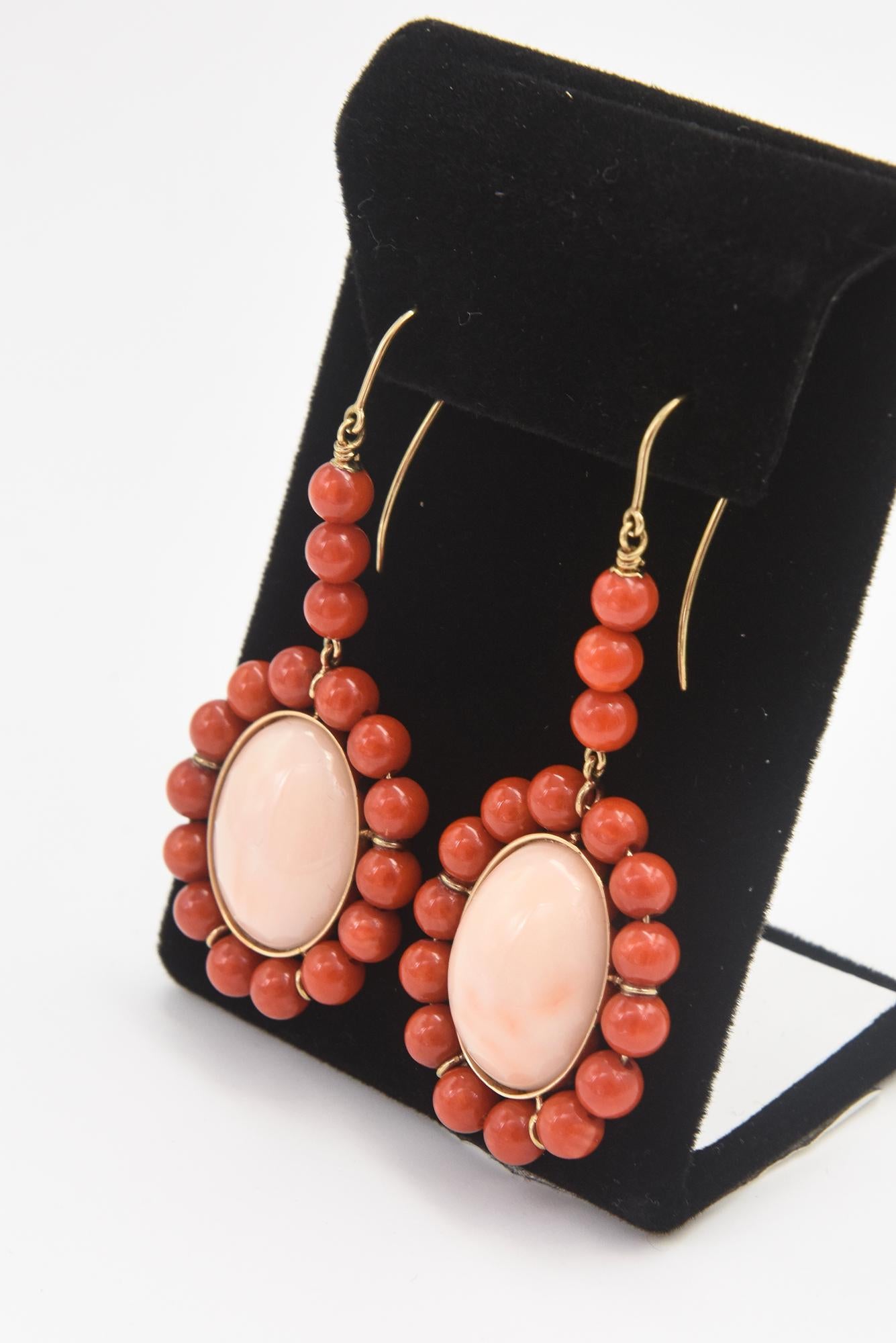 Coral Dangling Drop Gold Earrings For Sale 4