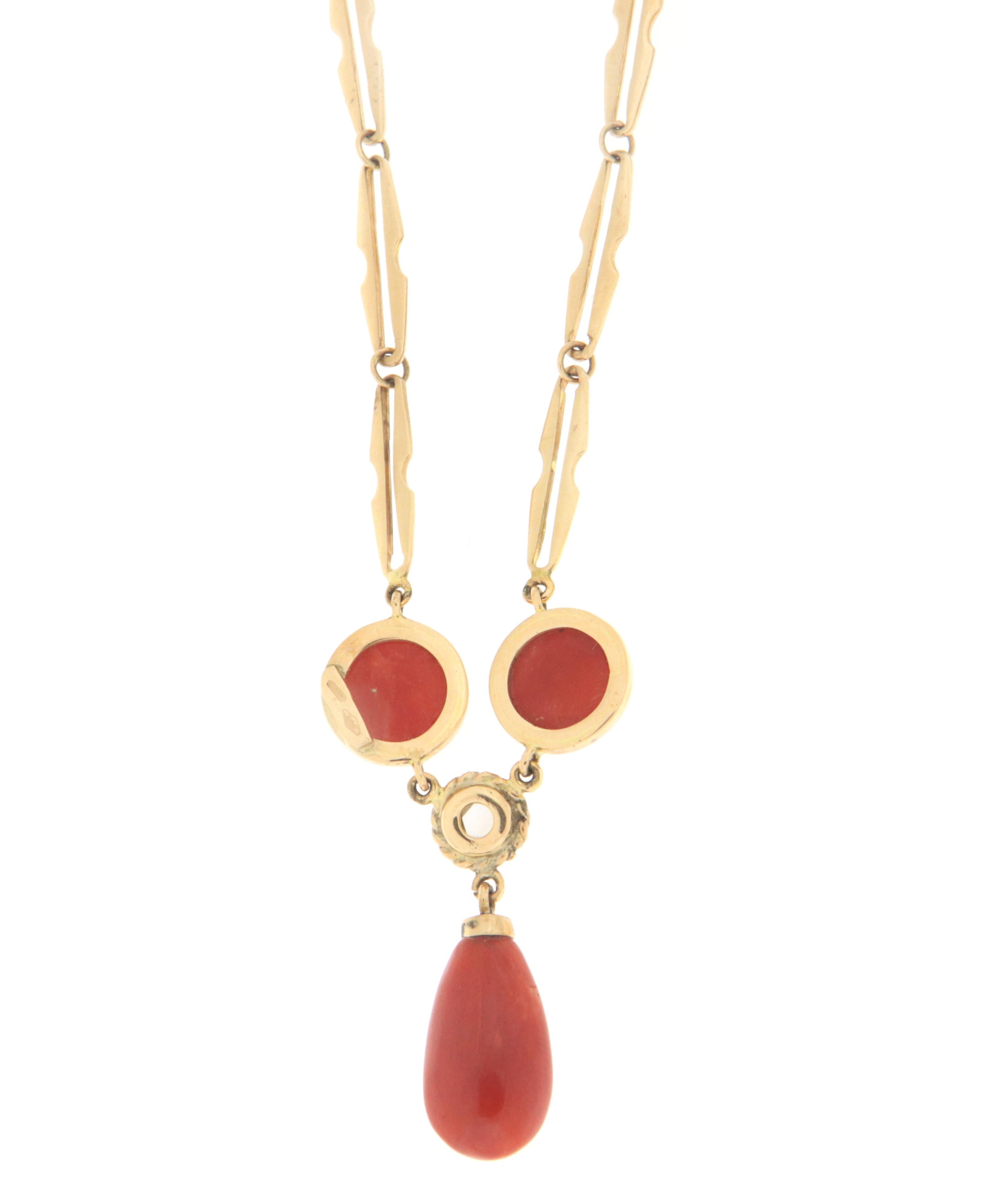 Coral Diamond 14 Karat Yellow Gold Pendant Necklace In New Condition For Sale In Marcianise, IT