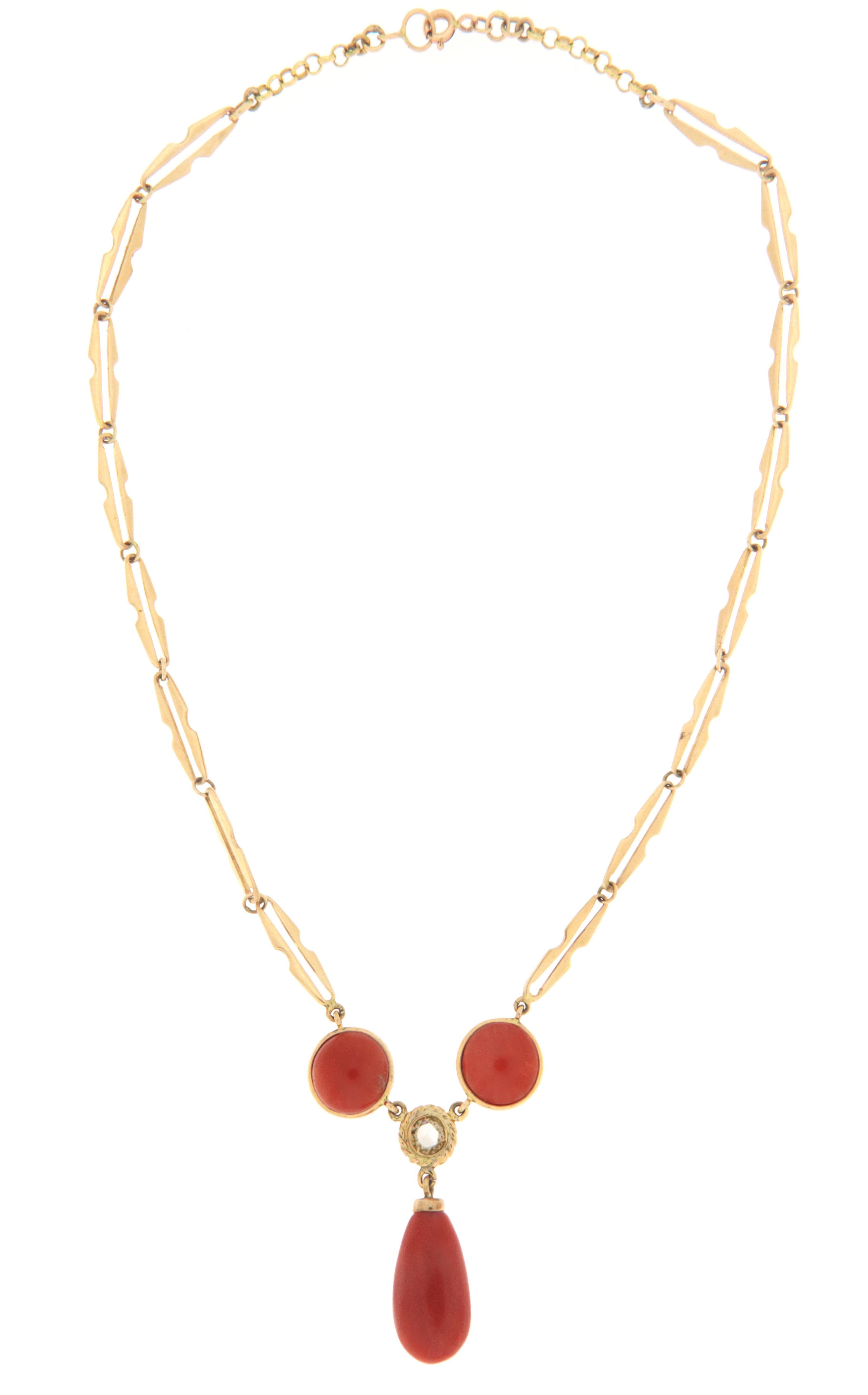 Women's Coral Diamond 14 Karat Yellow Gold Pendant Necklace For Sale