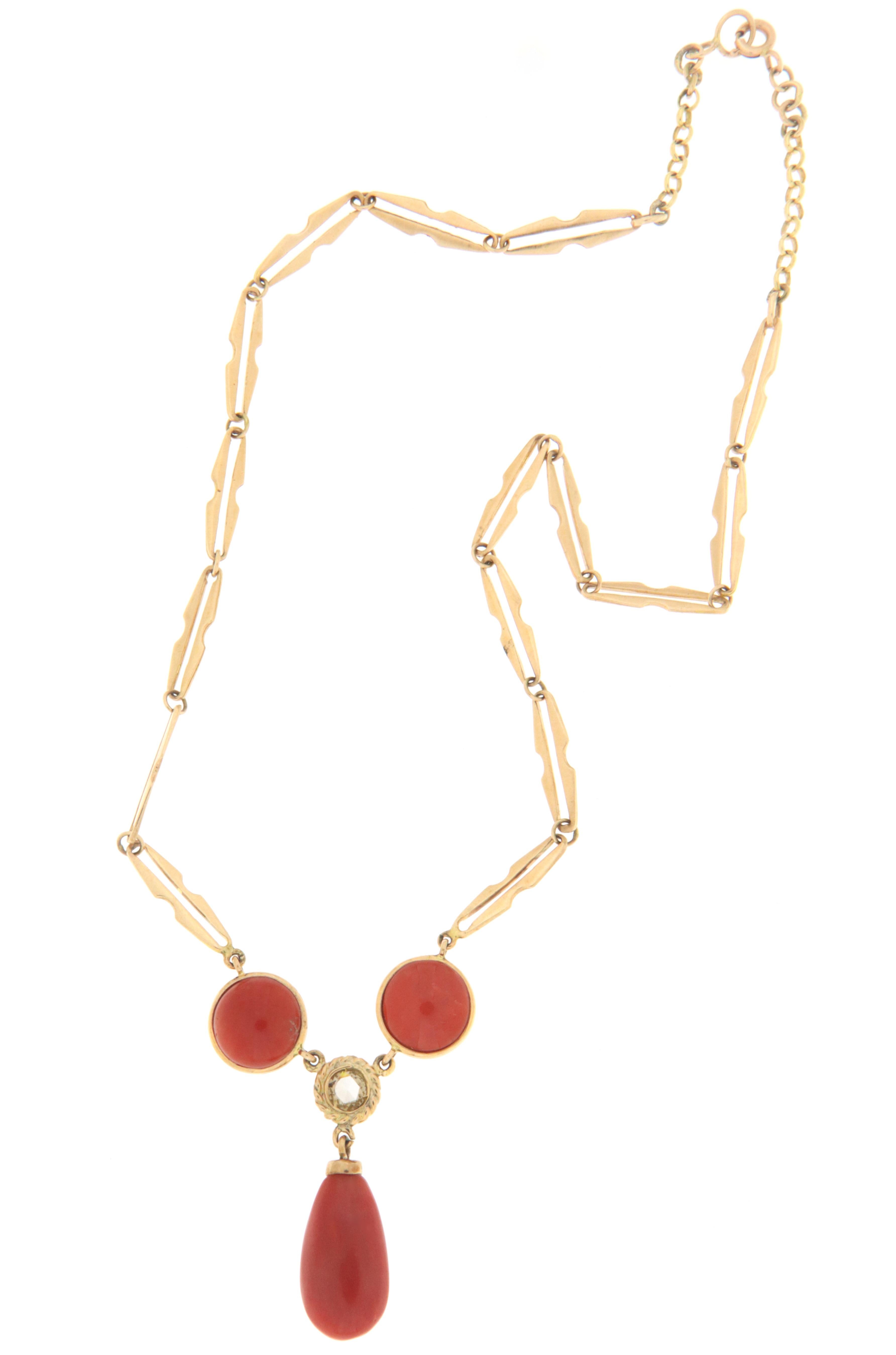 Coral Diamond 14 Karat Yellow Gold Pendant Necklace For Sale 1