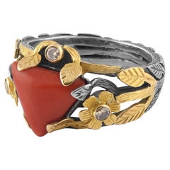 Coral Diamond 18 Karat Gold Silver Statement Ring