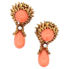 Coral Diamond 18 Karat Yellow Textured Gold Drop Dangle Vintage Estate Earrings