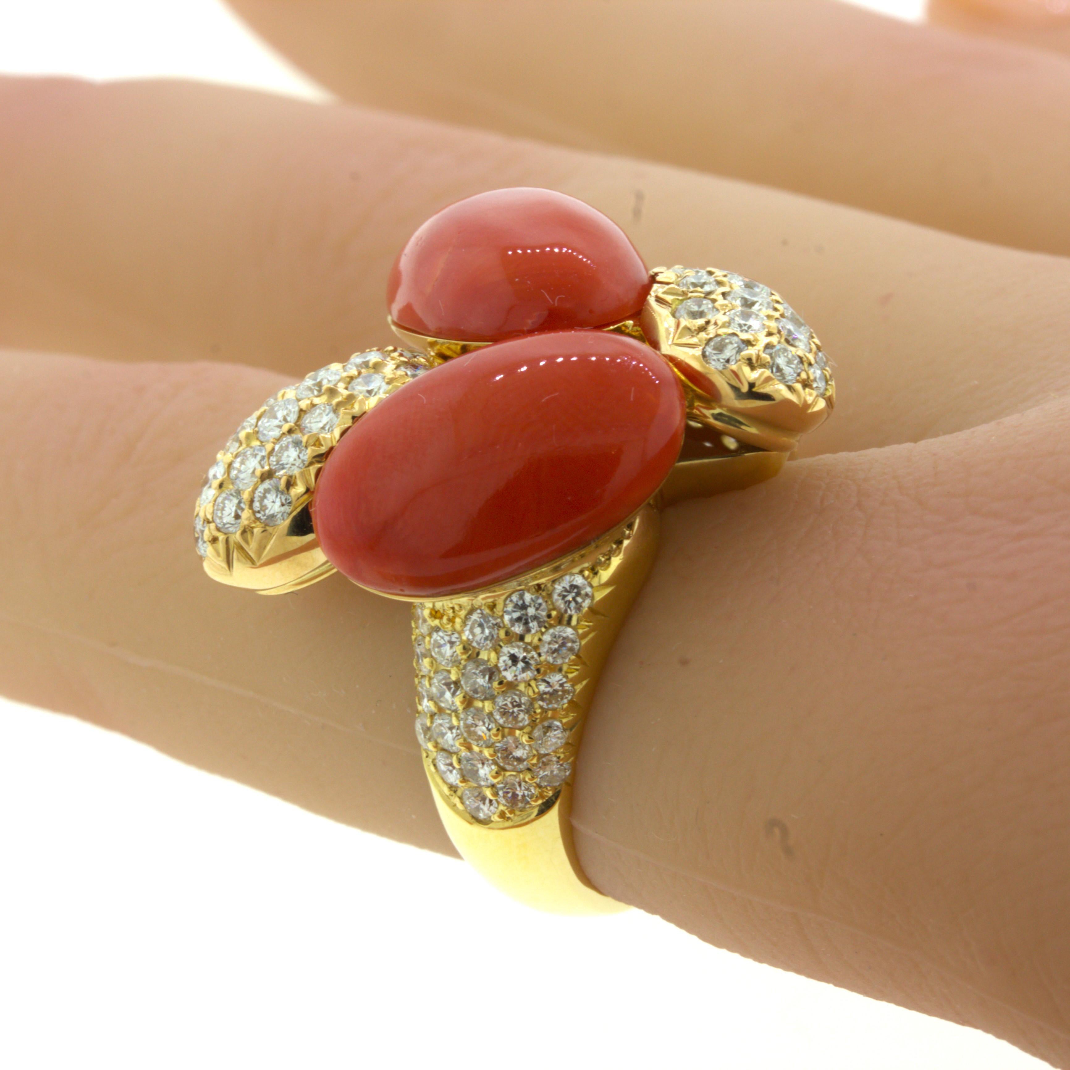 Coral Diamond 18k Yellow Gold Cocktail Ring For Sale 5