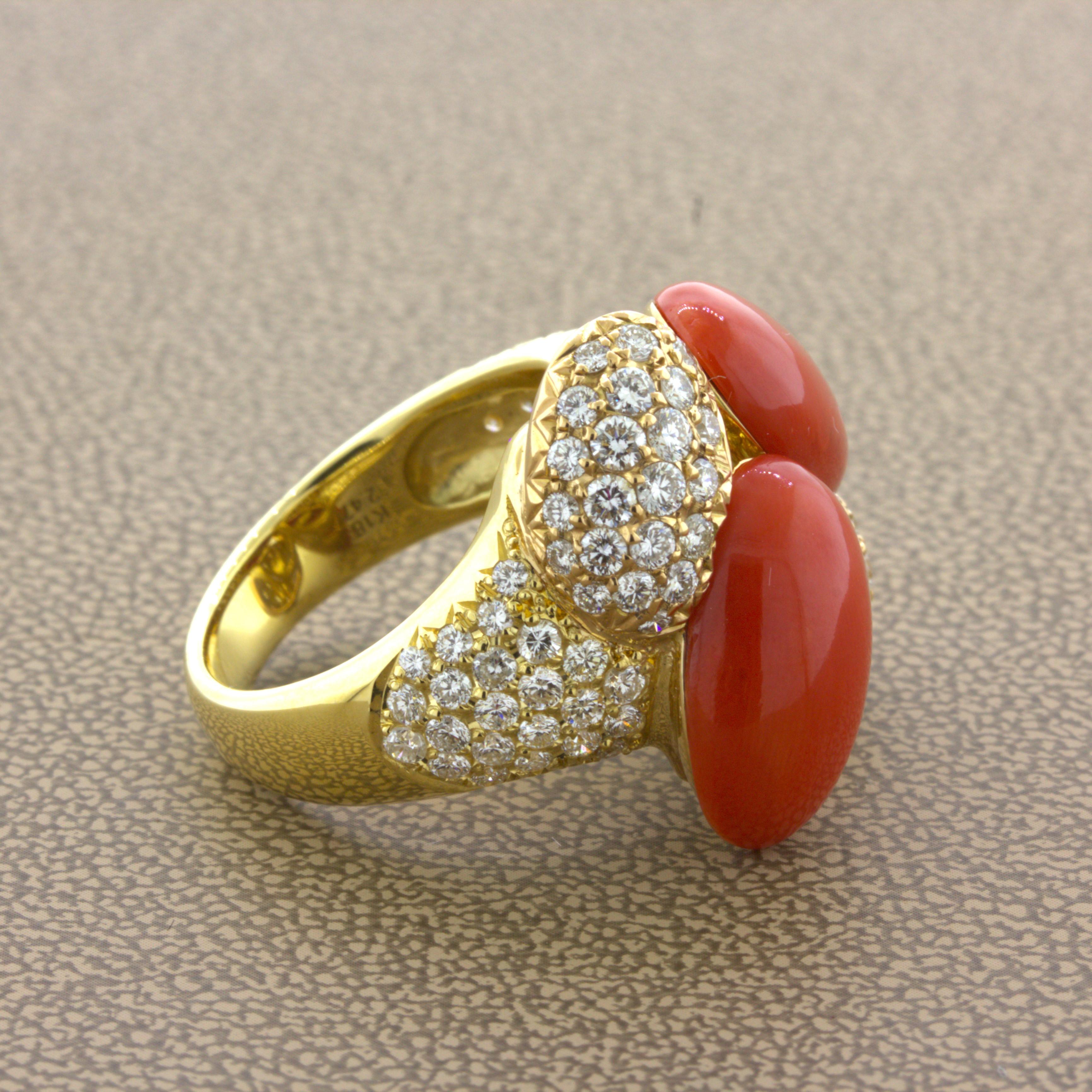 Cabochon Coral Diamond 18k Yellow Gold Cocktail Ring For Sale