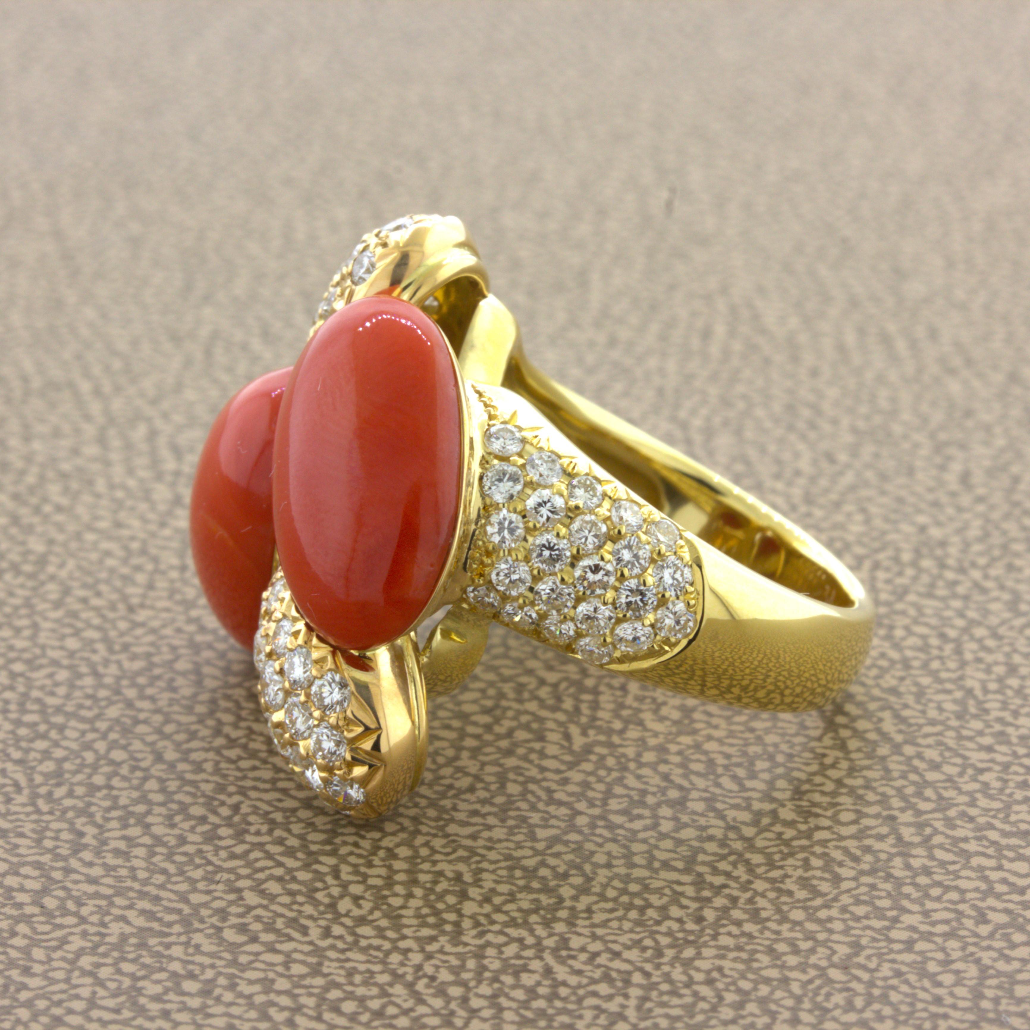 Coral Diamond 18k Yellow Gold Cocktail Ring In New Condition For Sale In Beverly Hills, CA