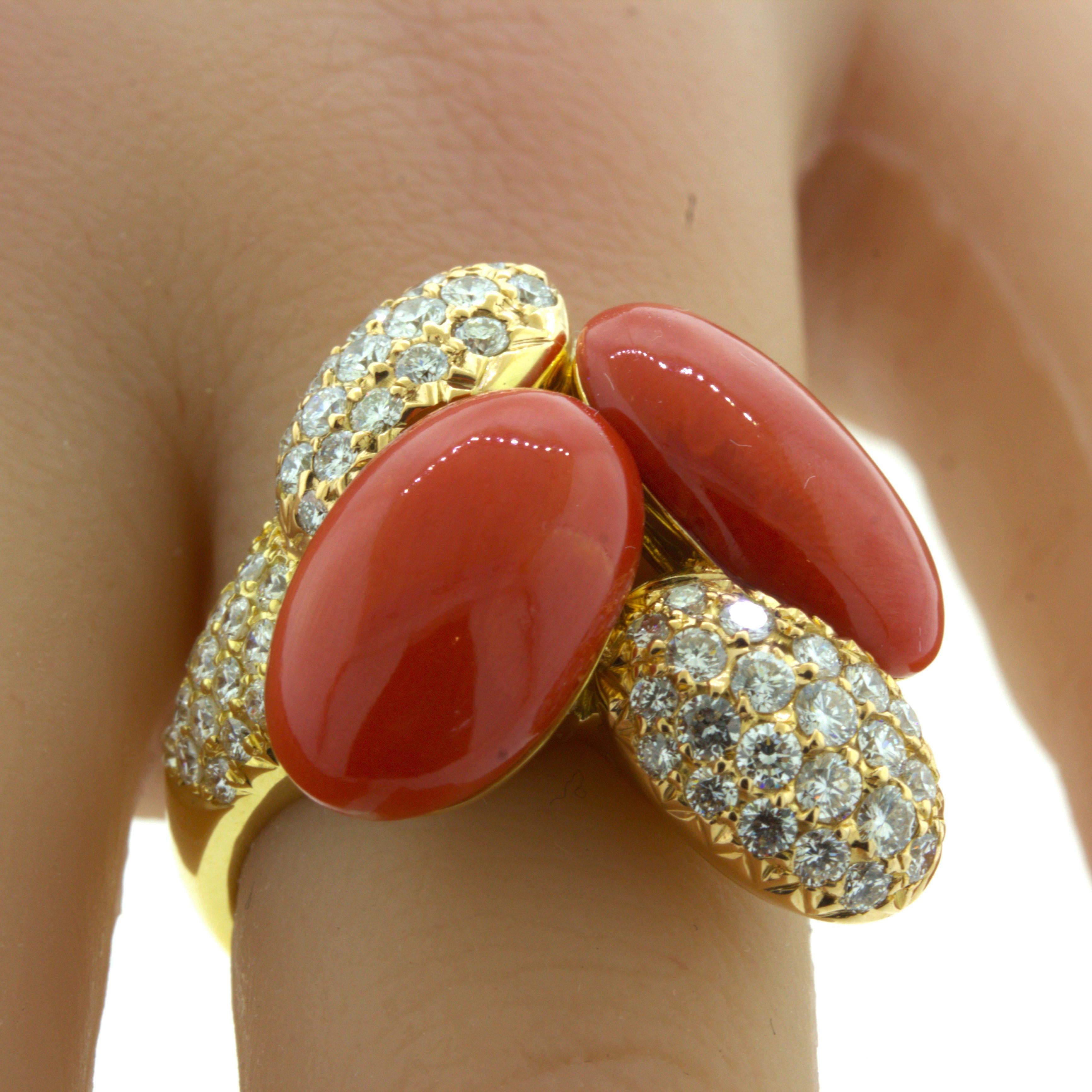 Women's Coral Diamond 18k Yellow Gold Cocktail Ring For Sale