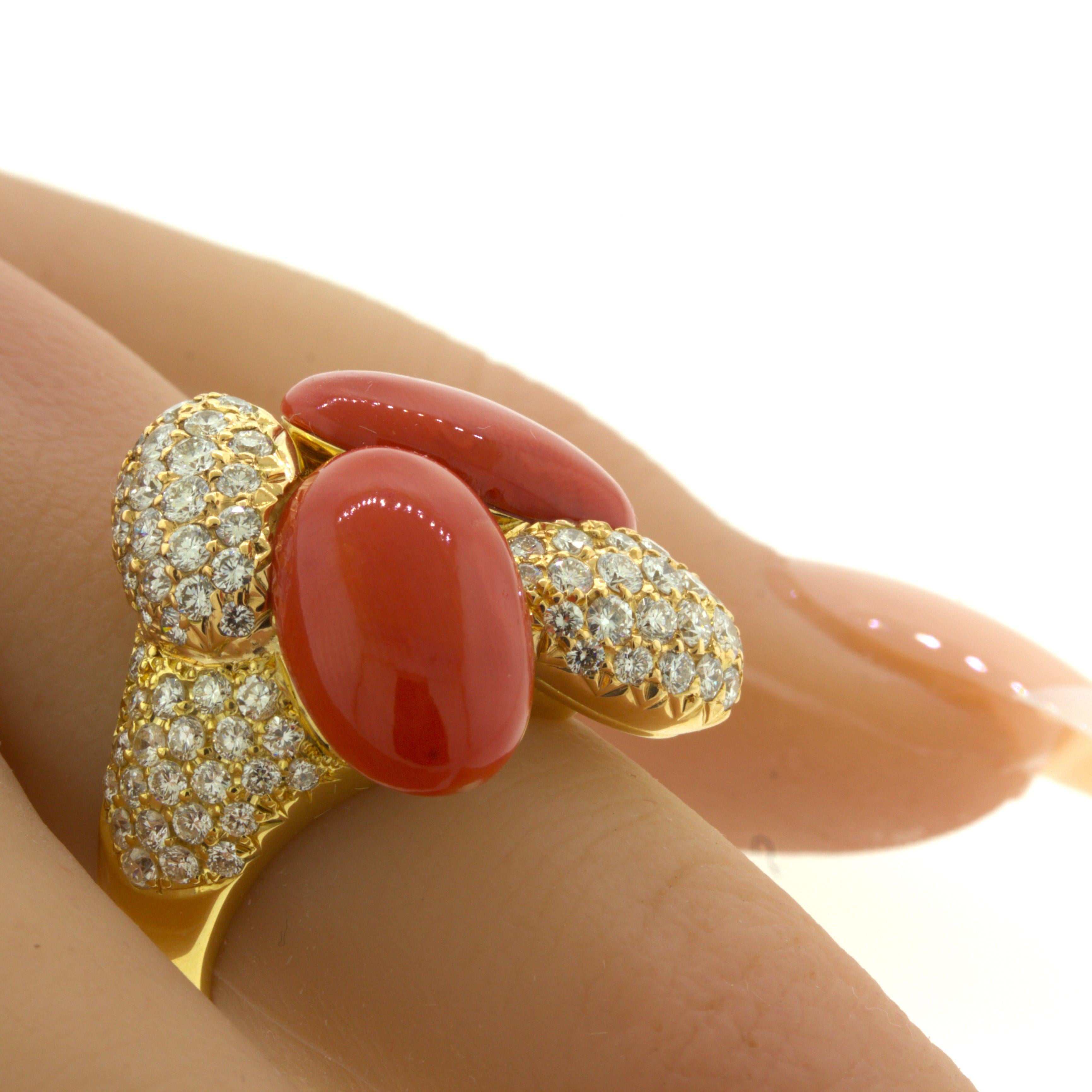 Coral Diamond 18k Yellow Gold Cocktail Ring For Sale 1