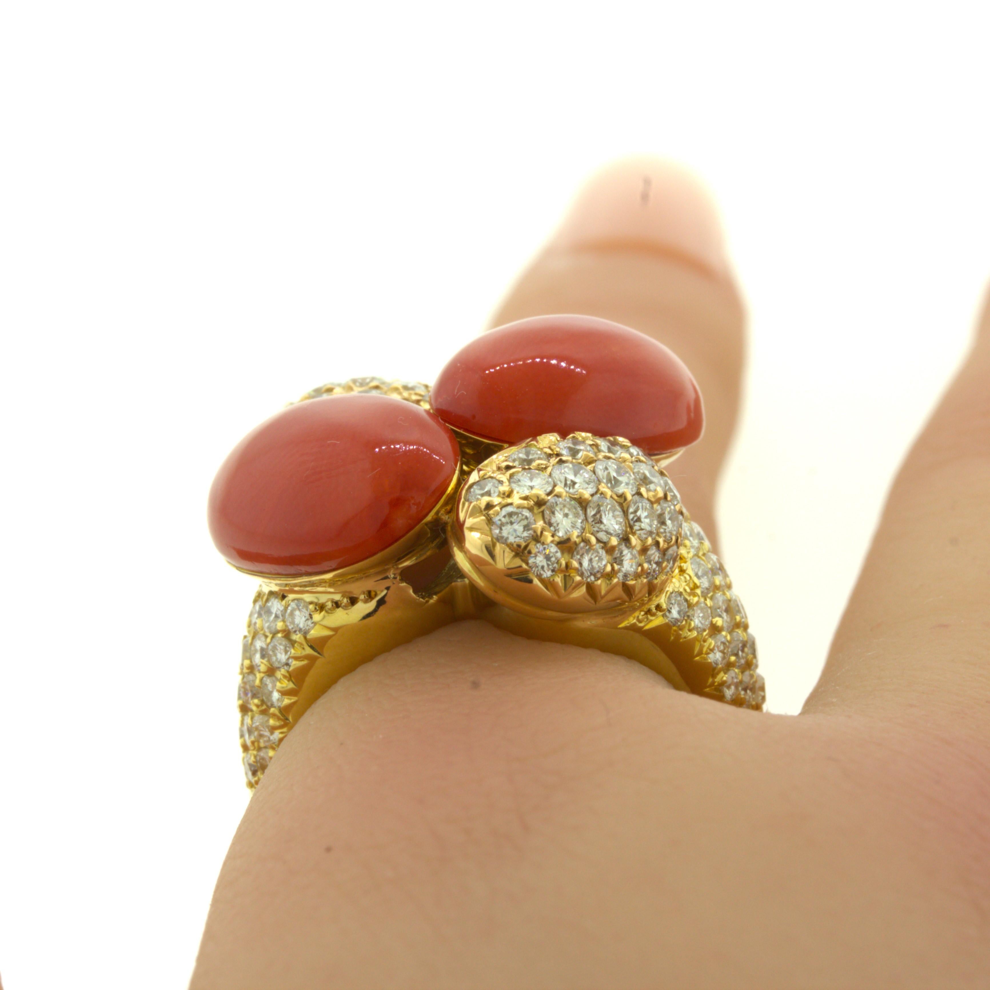 Coral Diamond 18k Yellow Gold Cocktail Ring For Sale 2