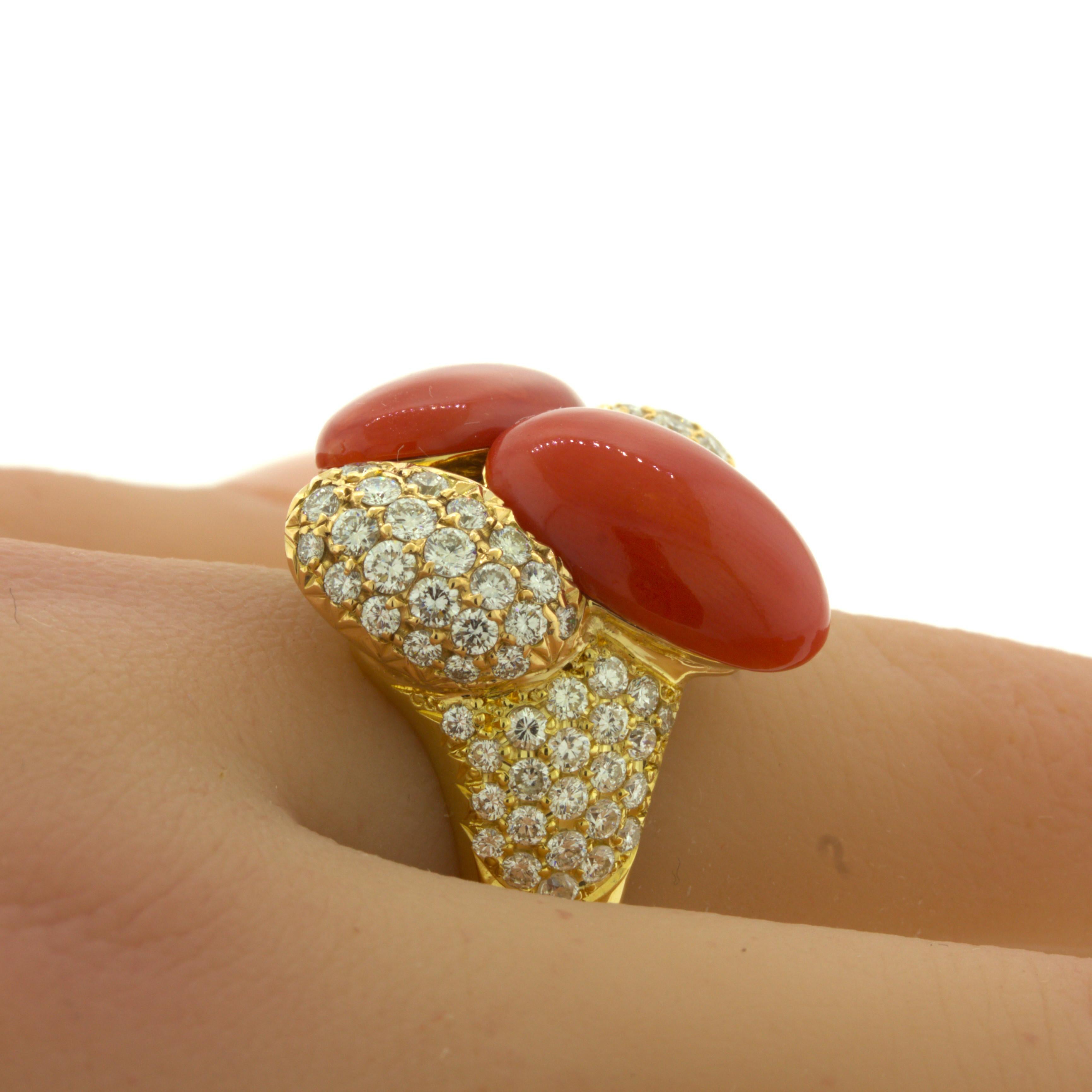 Coral Diamond 18k Yellow Gold Cocktail Ring For Sale 3
